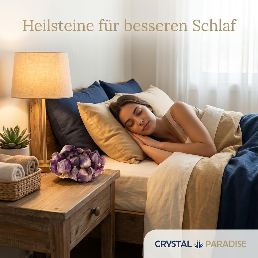 Verschiedene Kristalle für Schlaf auf dunkler Unterlage arrangiert