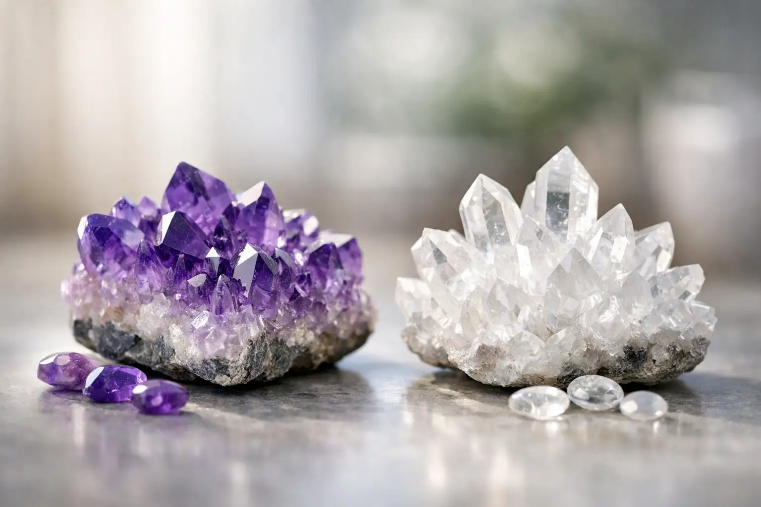 Amethyst und Bergkristall nebeneinander – Vergleich zweier Kristalle zum Kaufen