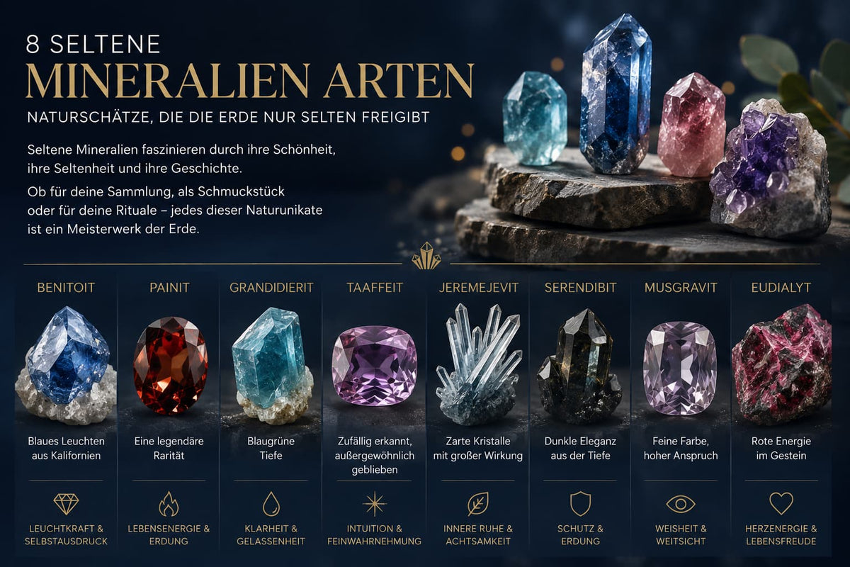 Collage seltener Mineralienarten mit besonderem Zauber – kristalline Naturunikate im Überblick