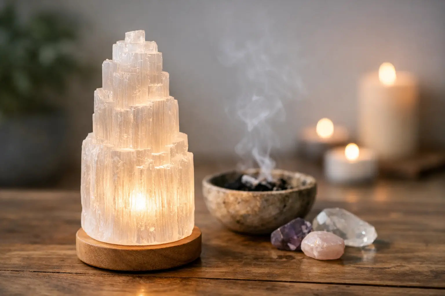 Selenit Lampe Wirkung für Raum und Ritual
