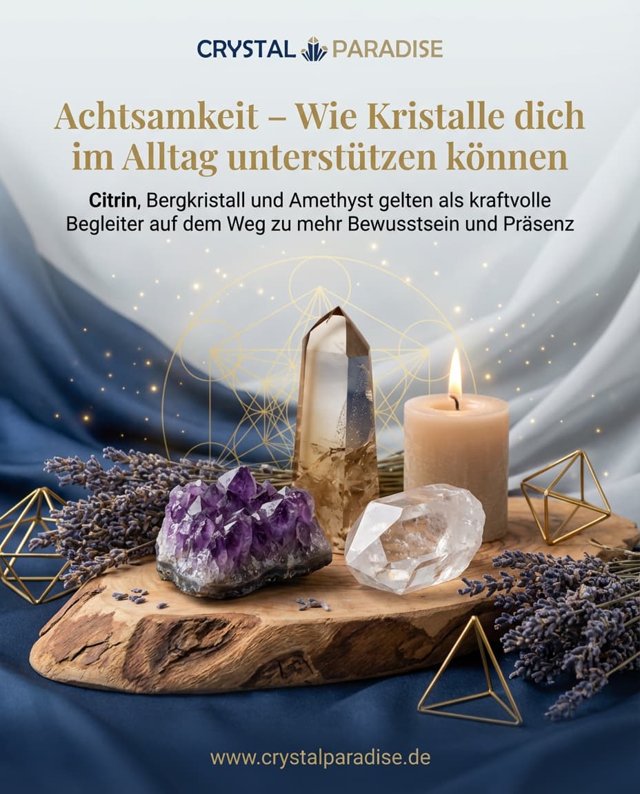 Kristalle für Achtsamkeit im Alltag – ruhige Steine auf natürlicher Unterlage