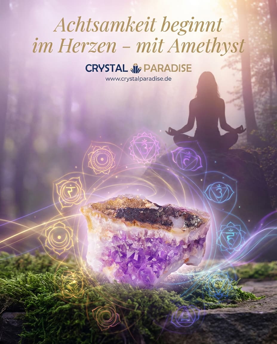 Violette Amethyst-Druse auf Holzunterlage, roh und natürlich – Symbol für Amethyst Achtsamkeit im Alltag
