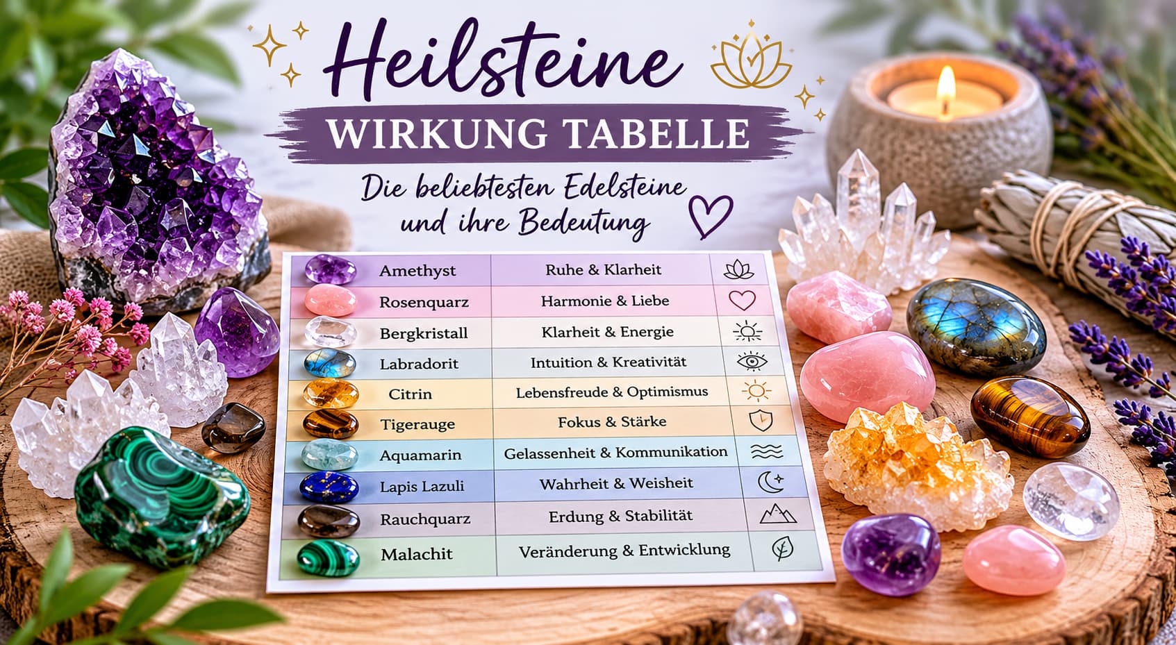Verschiedene Heilsteine im Überblick – bunte Mineralien und Kristalle als visuelle Wirkung-Tabelle