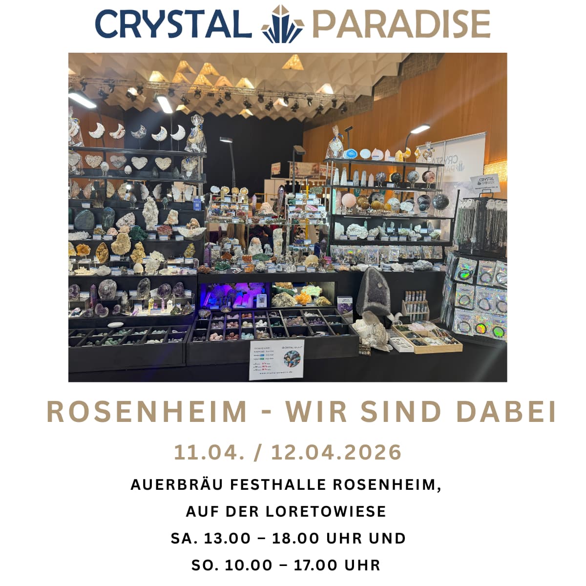 Crystal Paradise Messestand mit bunten Kristallen und Mineralien auf der Kristall Messe Rosenheim 2026