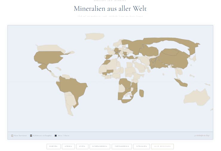 Interaktive Mineralien Weltkarte mit bunten Herkunfts-Pins für Kristalle und Steine aus aller Welt