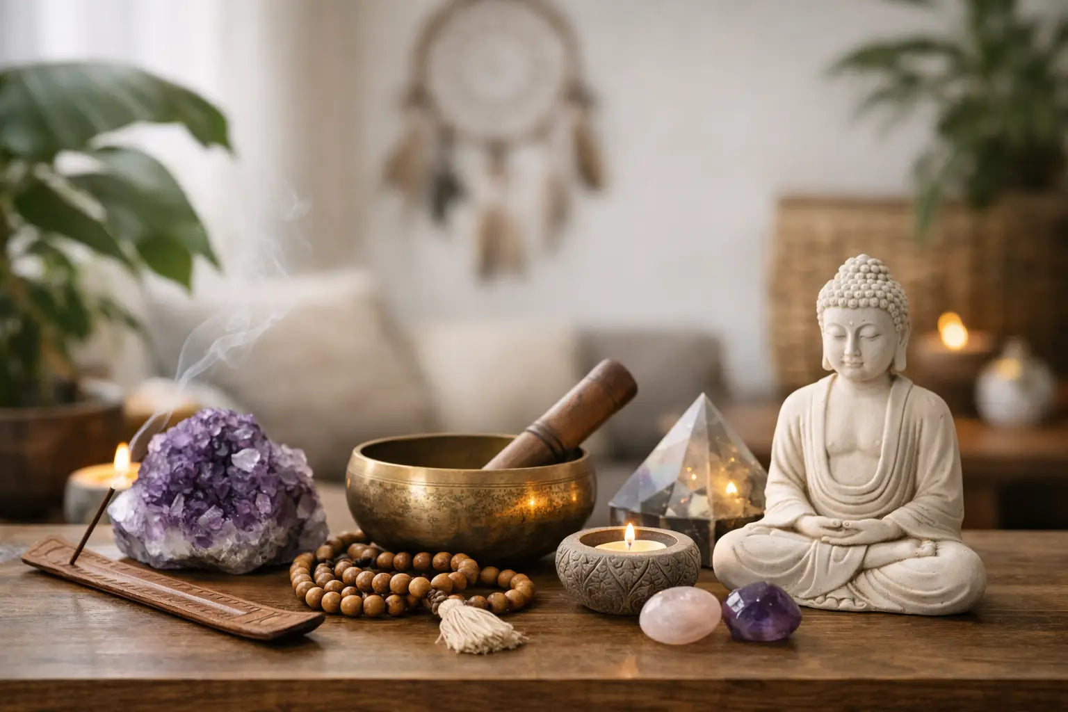 Spirituelle Wohnaccessoires mit Kristallen und Mineralien für ein harmonisches Zuhause