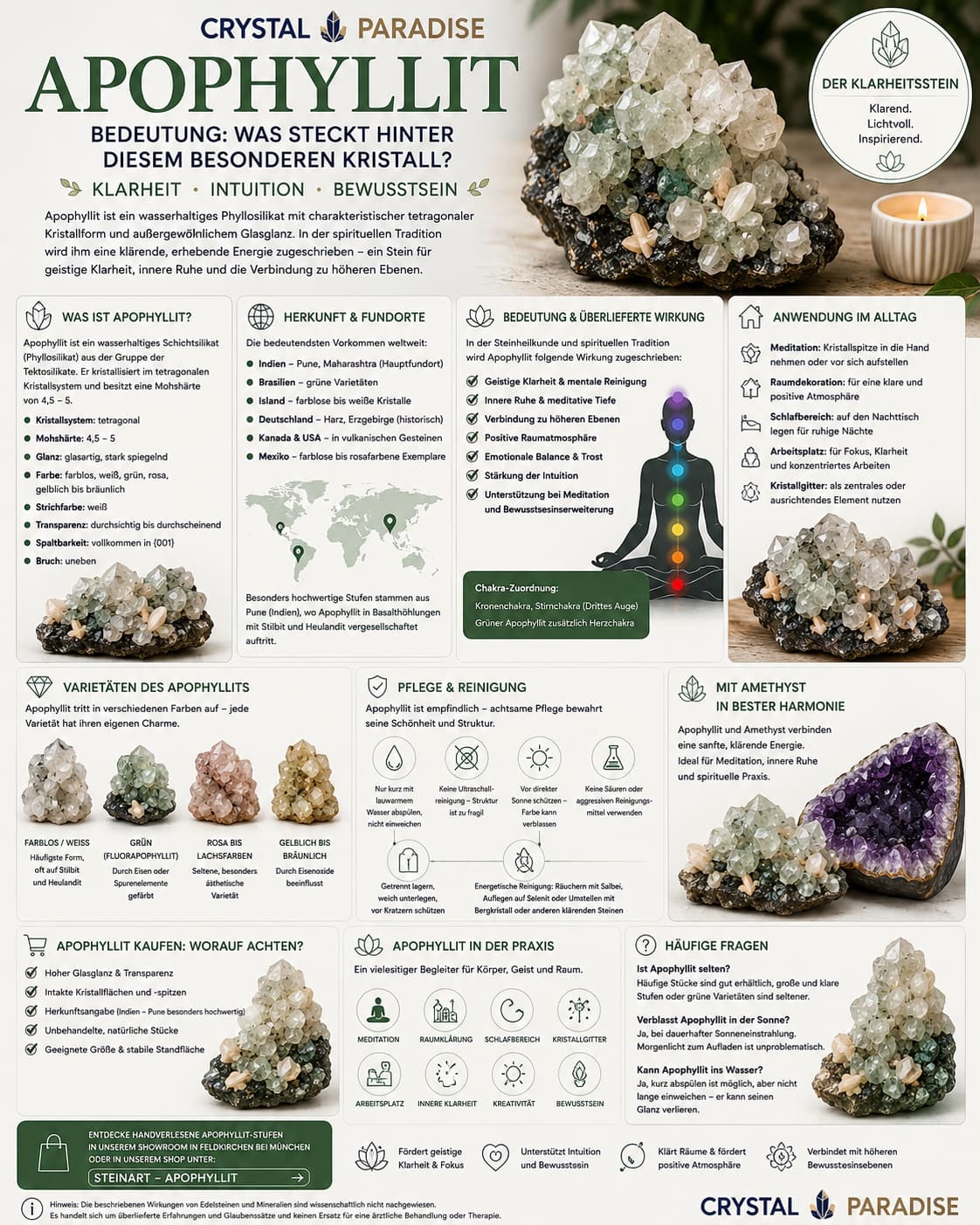 Apophyllit-Kristallstufe in klarem Weiß-Grün mit pyramidalen Spitzen, natürliche Druse, Apophyllit Bedeutung & Energie