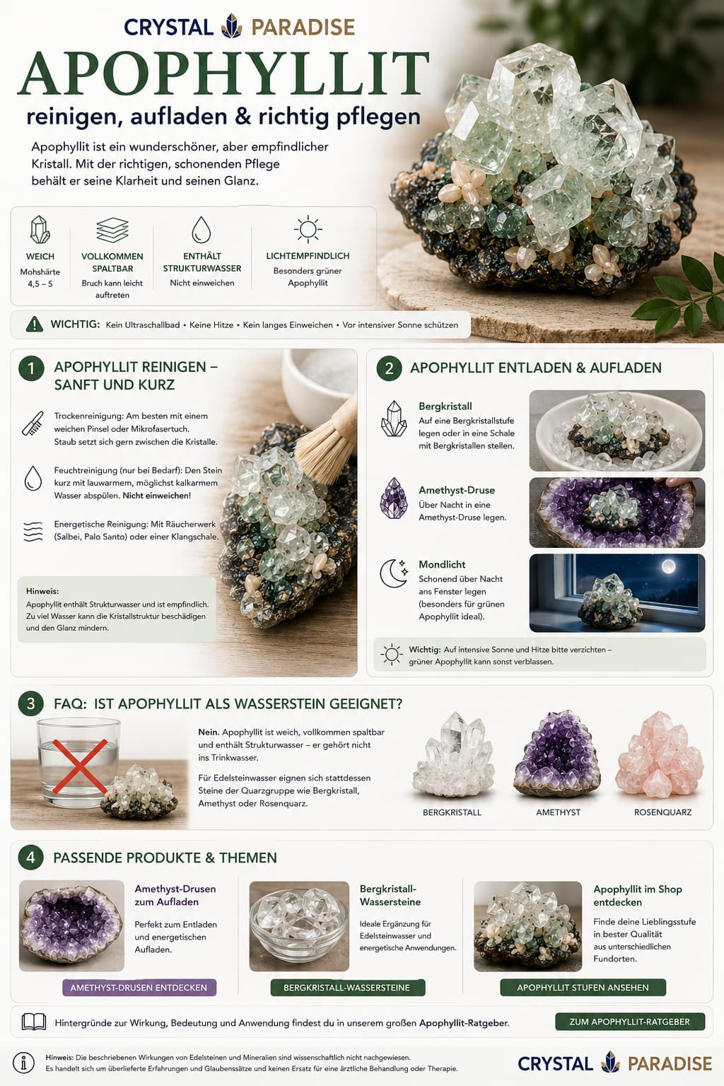 Apophyllit-Druse mit transparenten Kristallspitzen auf weißem Hintergrund – Apophyllit reinigen und pflegen