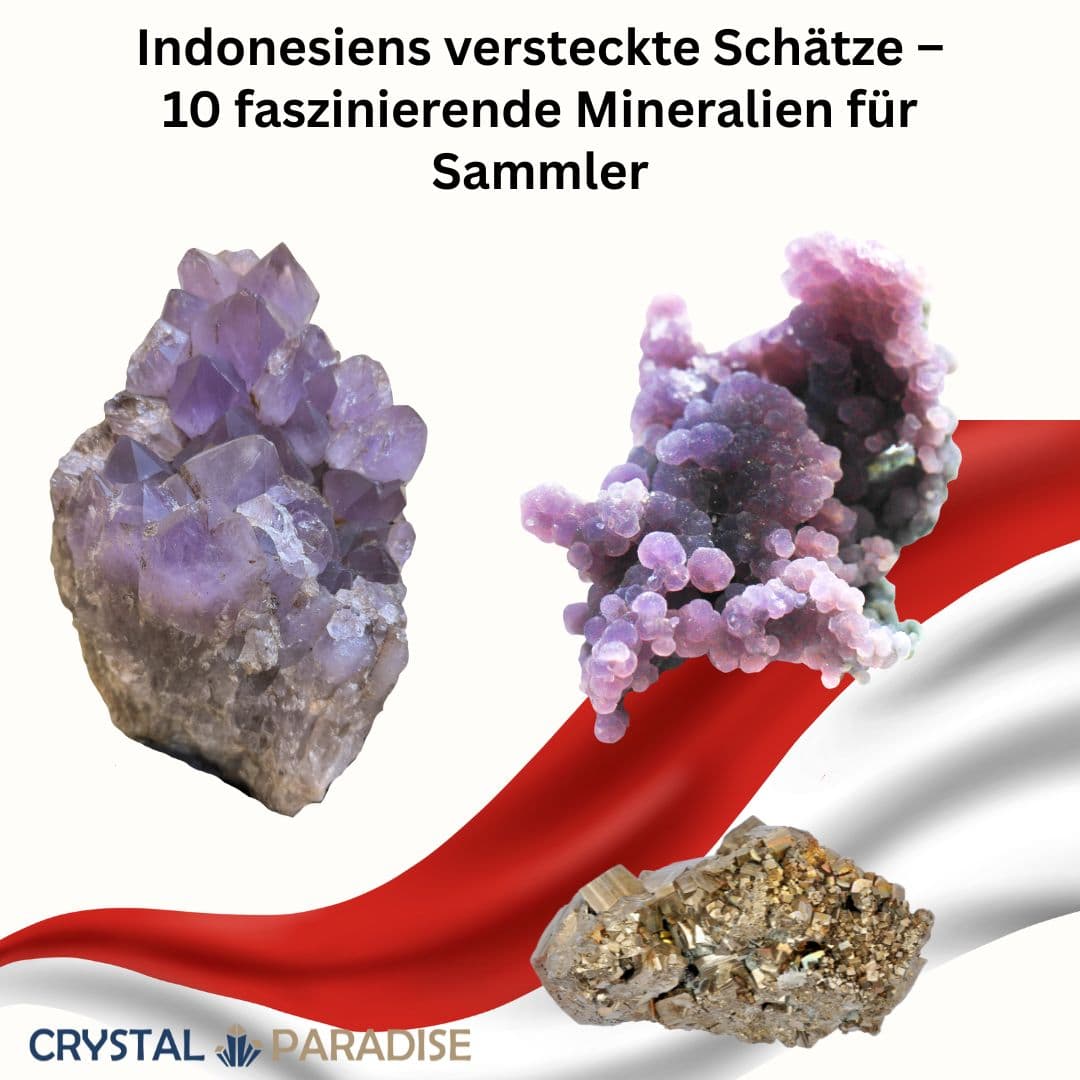 Verschiedene rohe Mineralien Indonesiens in Erdtönen und Blau auf dunklem Untergrund, Naturunikate
