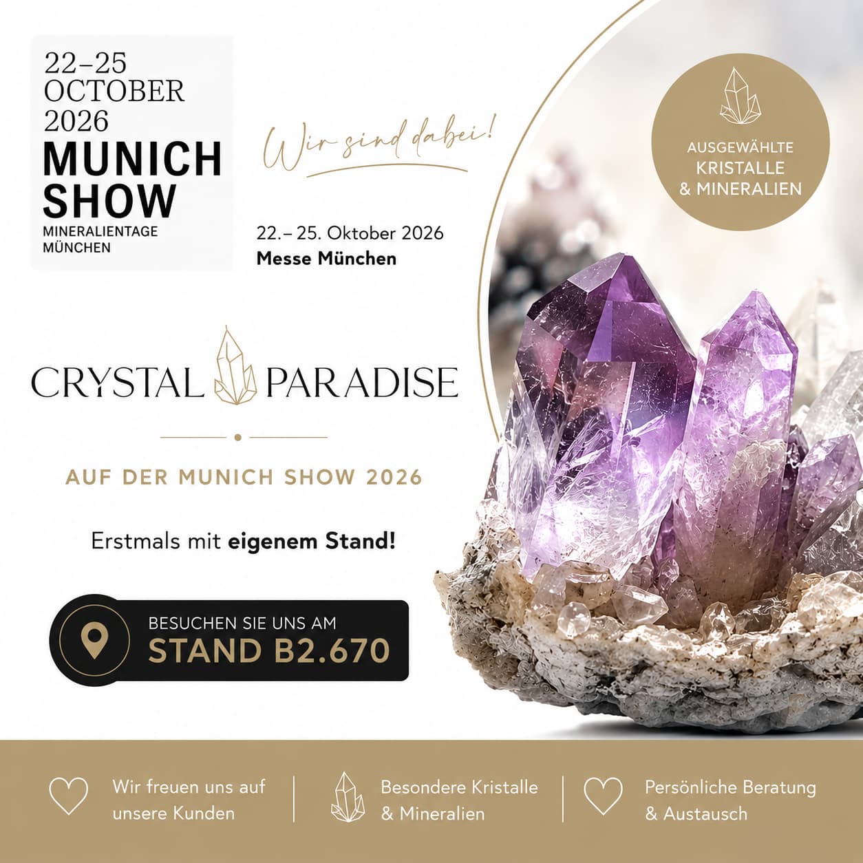 Messestand von Crystal Paradise auf der Munich Show 2026, Stand B2.670, Messe München