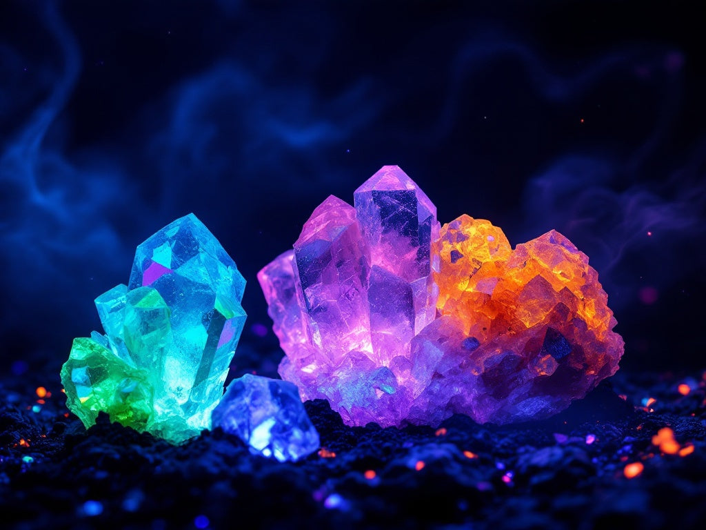 UV Mineralien fluoreszierend in Neonfarben auf schwarzem Hintergrund, leuchtende Druse und Rohsteine unter UV-Licht