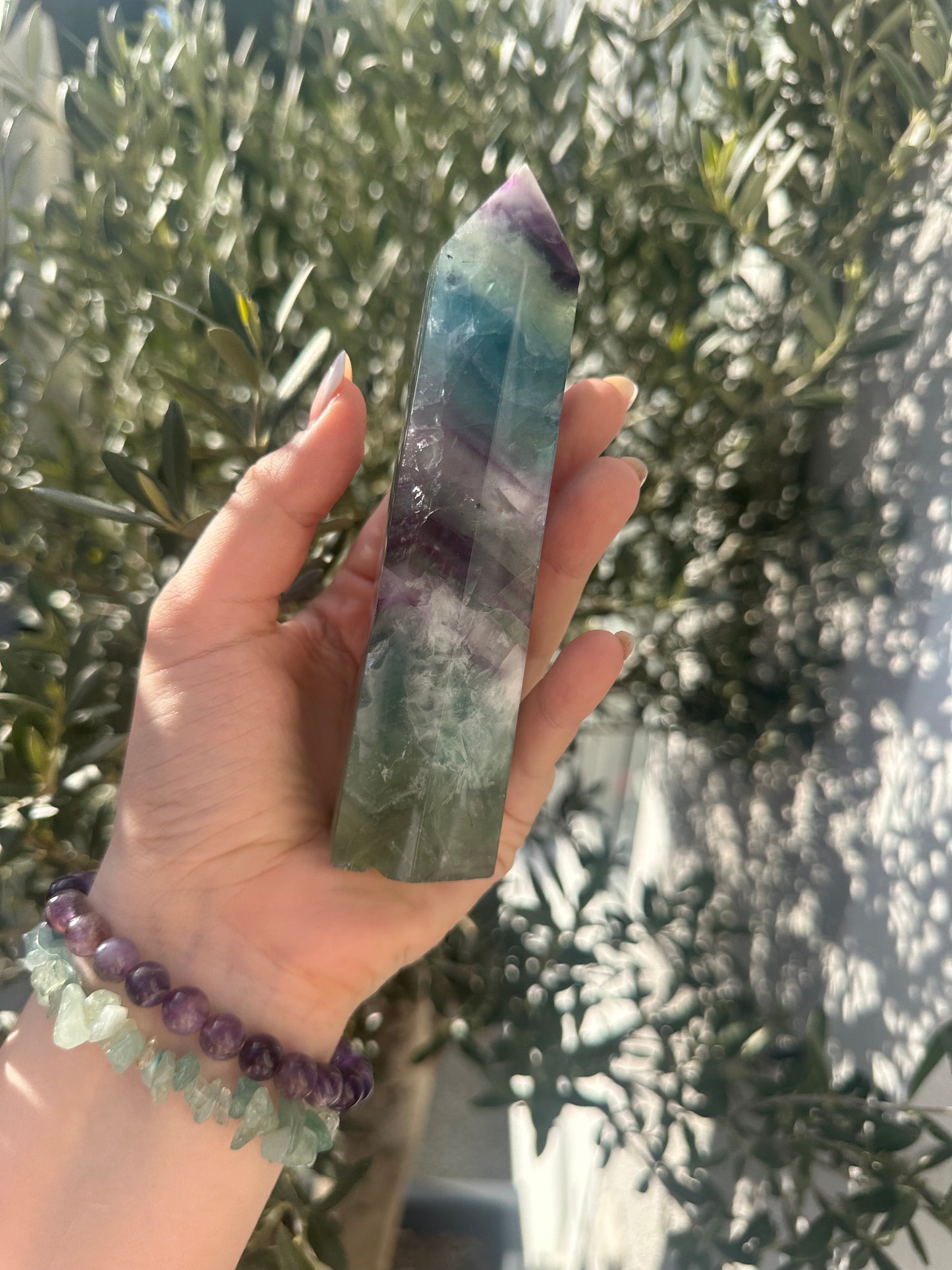Schneeflocken Fluorit Spitze/Tower gross - 1 Stück (>290g / 13cm hoch) - crystal paradise