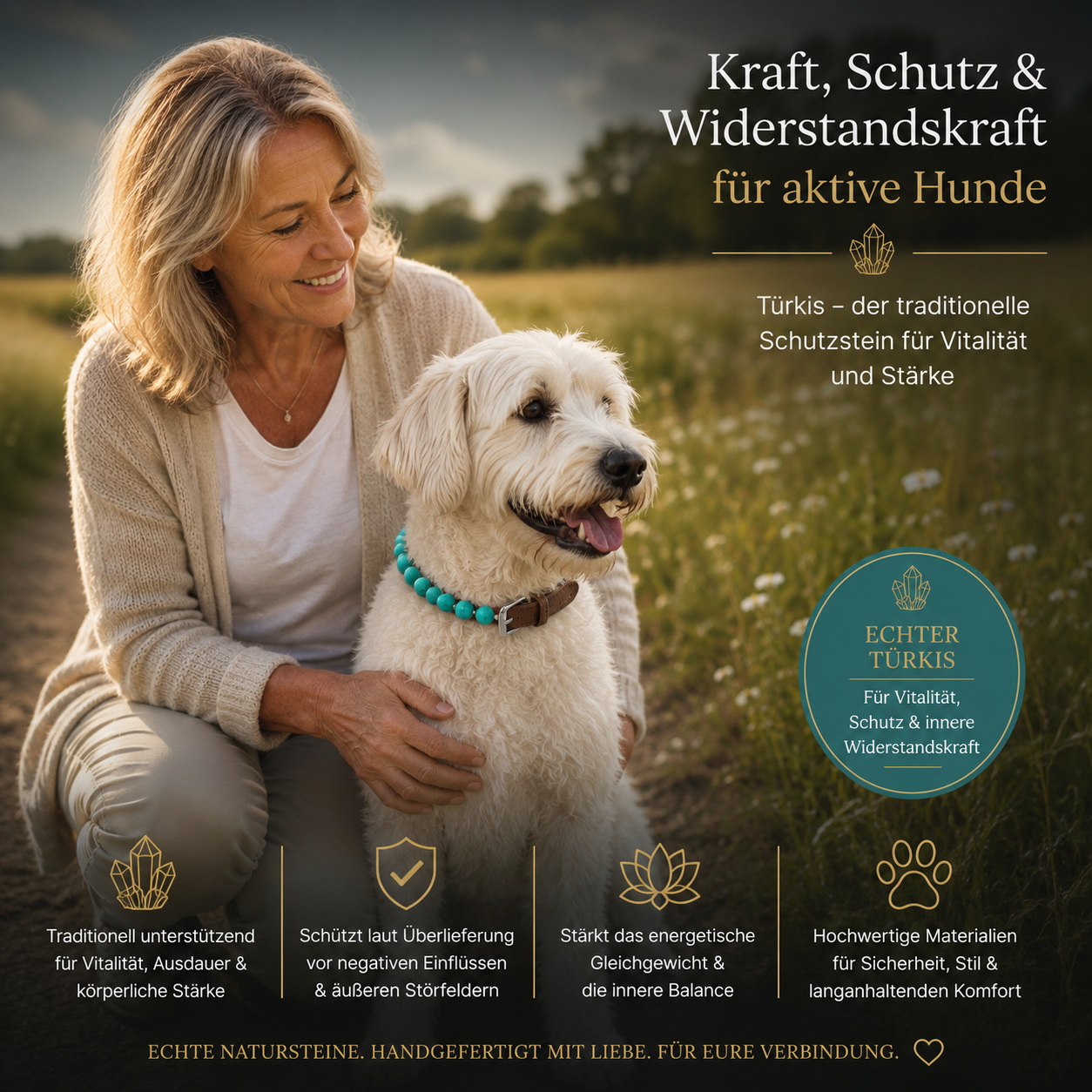 Türkis–unterstützt Kraft, Ausdauer und Widerstandskraft- Hundehalsband crystalpower®