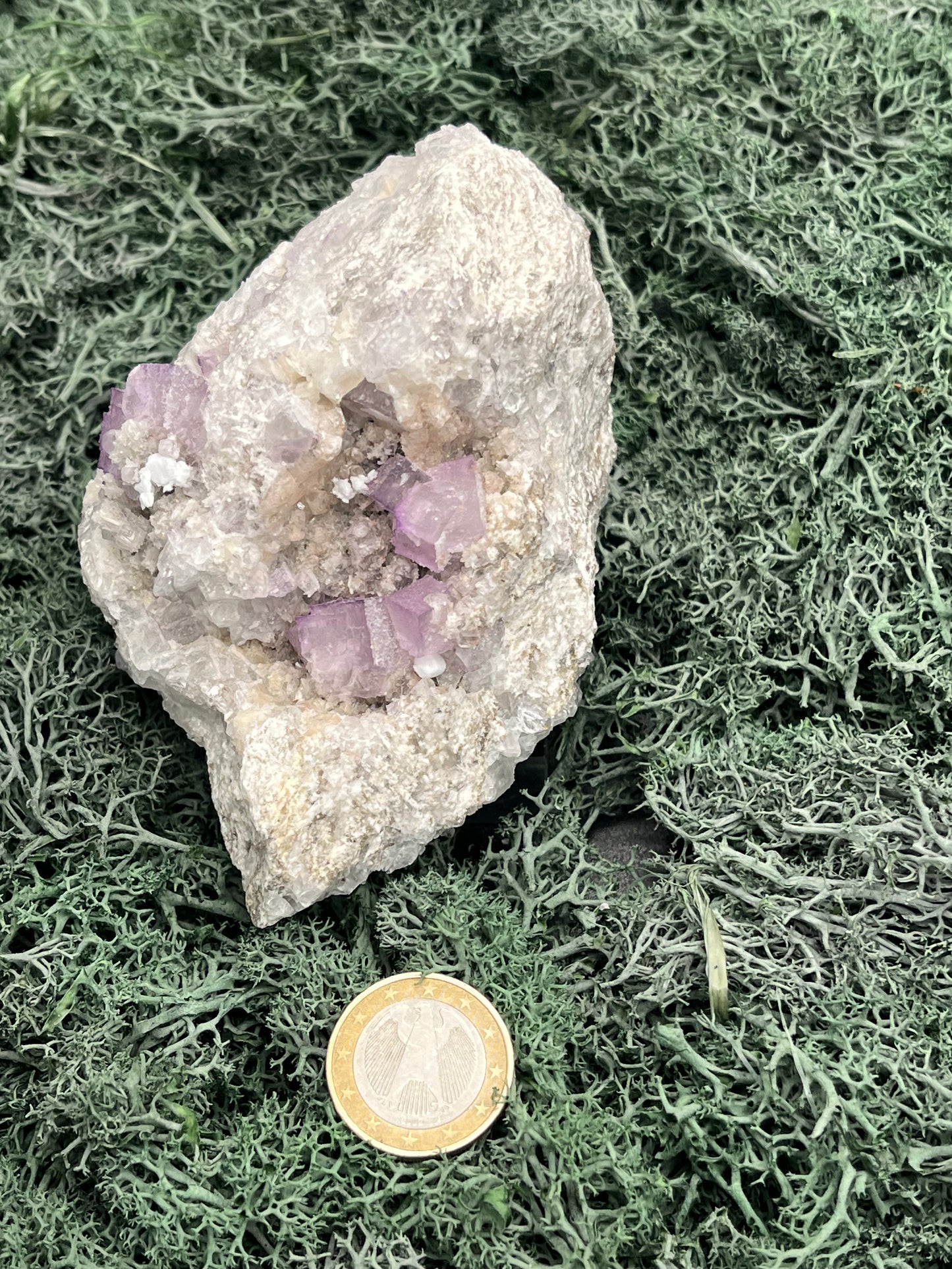 Violetter Fluorit aus Mexiko mit weissen Quarz Anlagerungen (667g) - Handstufe mit großen Fluoritwürfeln - crystal paradise