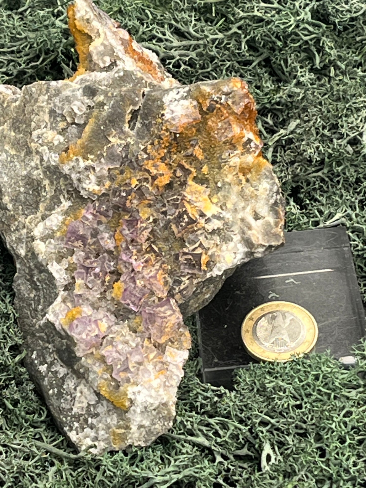 Violetter Fluorit aus Mexiko mit weissen und gelben Quarz Anlagerungen (725g) - Handstufe mit sehr vielen Fluoritwürfeln - crystal paradise