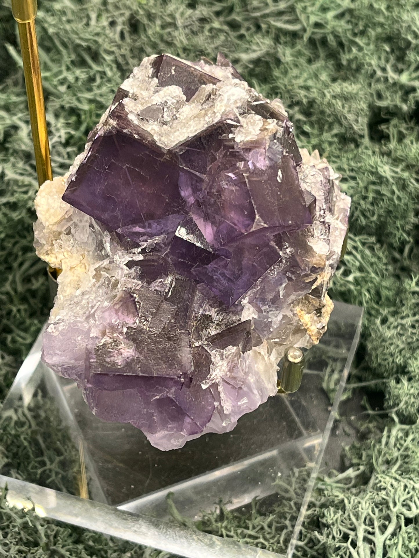Violetter Fluorit aus Mexiko mit weissen Quarz Anlagerungen (252g) - Handstufe mit sehr grossen und dunklen Fluoritwürfeln - crystal paradise