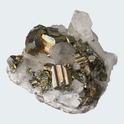 Regenbogen Pyrit an Bergkristall aus Indonesien (66g)