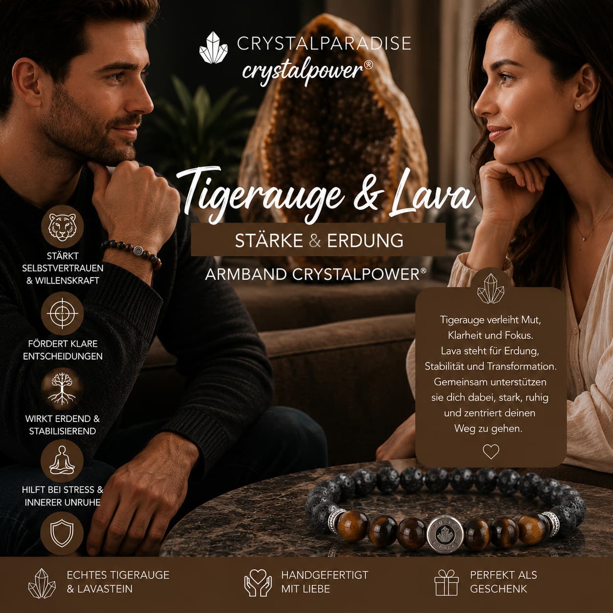 Tigerauge & Lava – Stärke & Erdung - Armband crystalpower® - crystal paradise