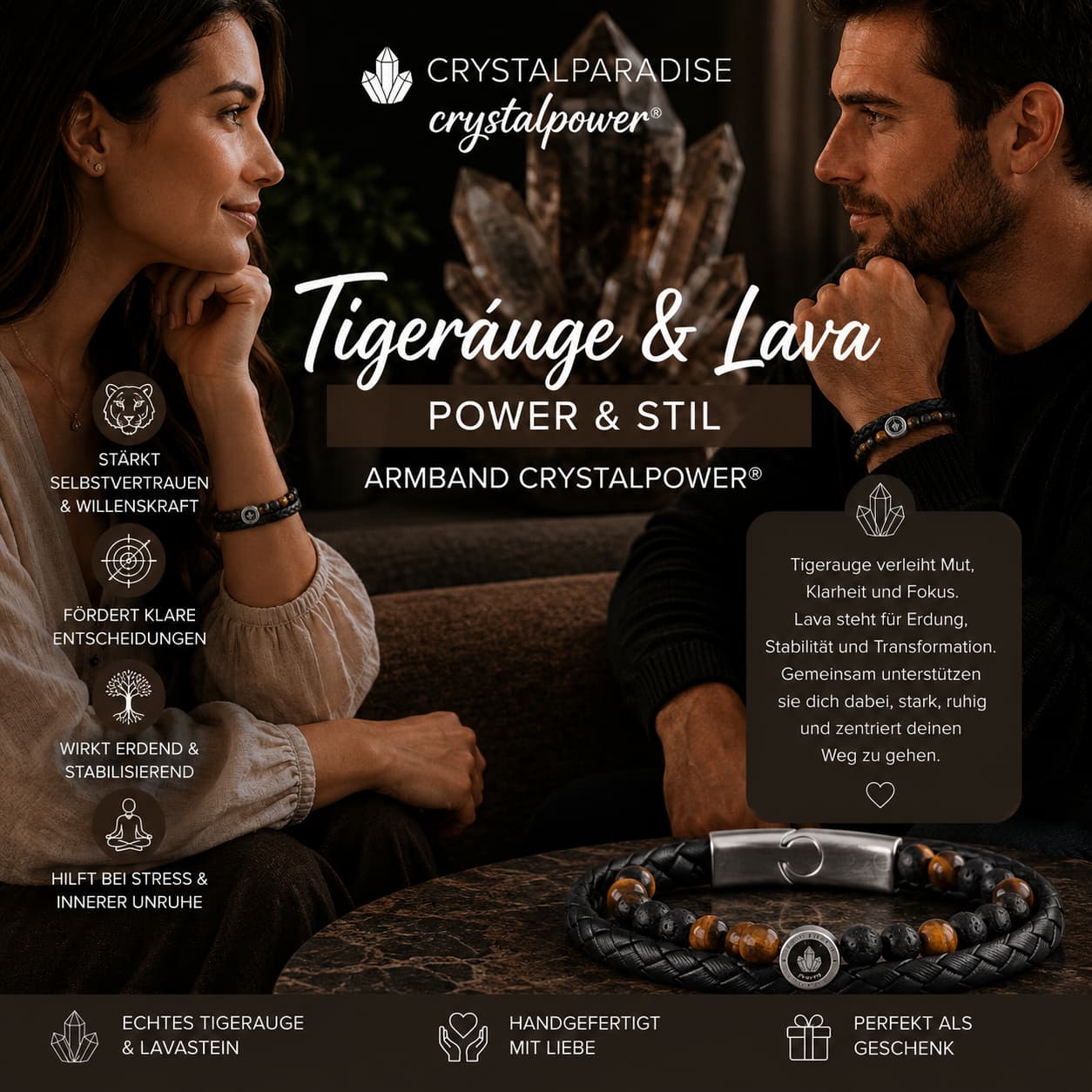 Tigerauge & Lava mit Leder – Power & Stil - Armband crystalpower® - crystal paradise