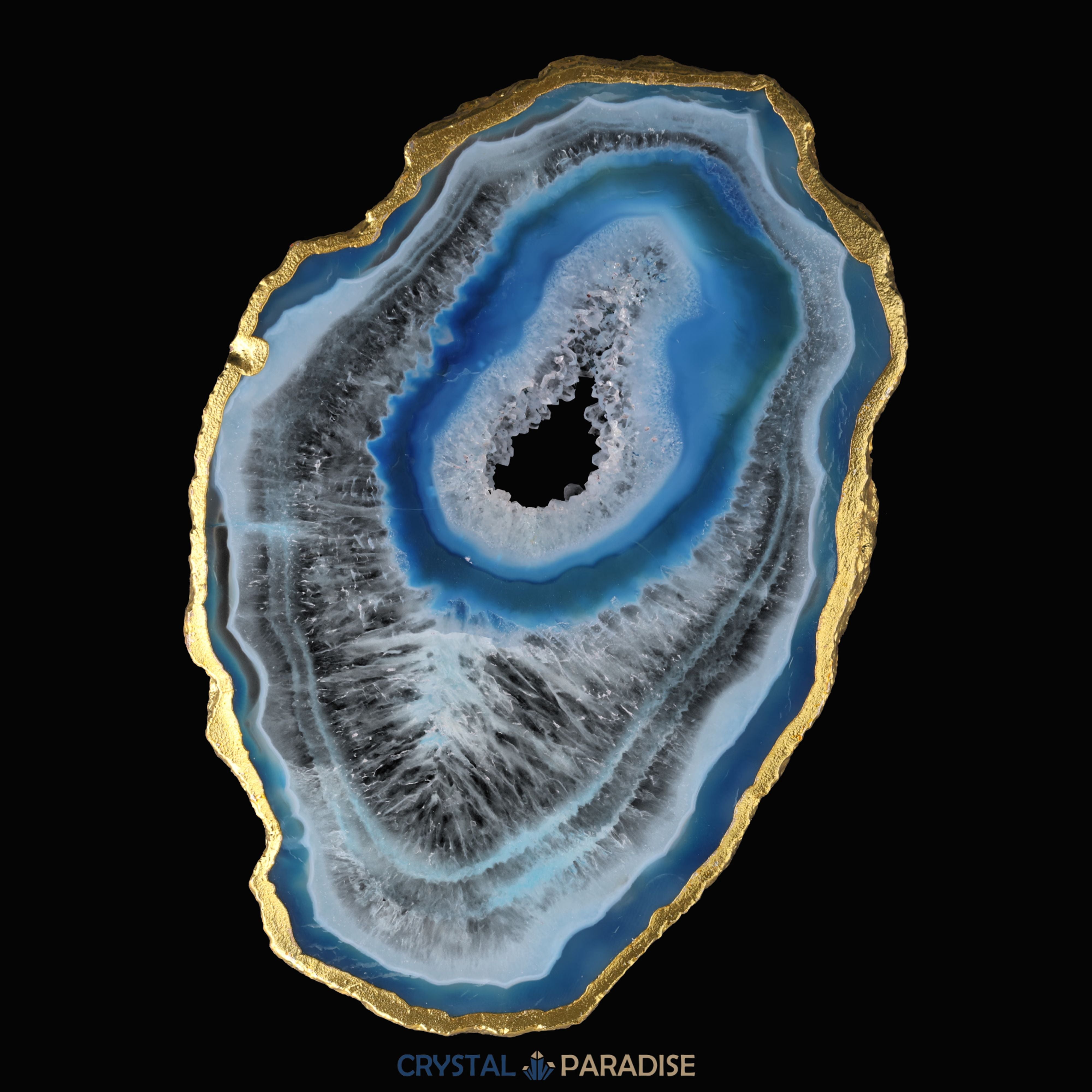 Achatscheibe blau-weiss mit Goldrand und Druzy - ca. 10 cm Durchmesser – Ansicht 10