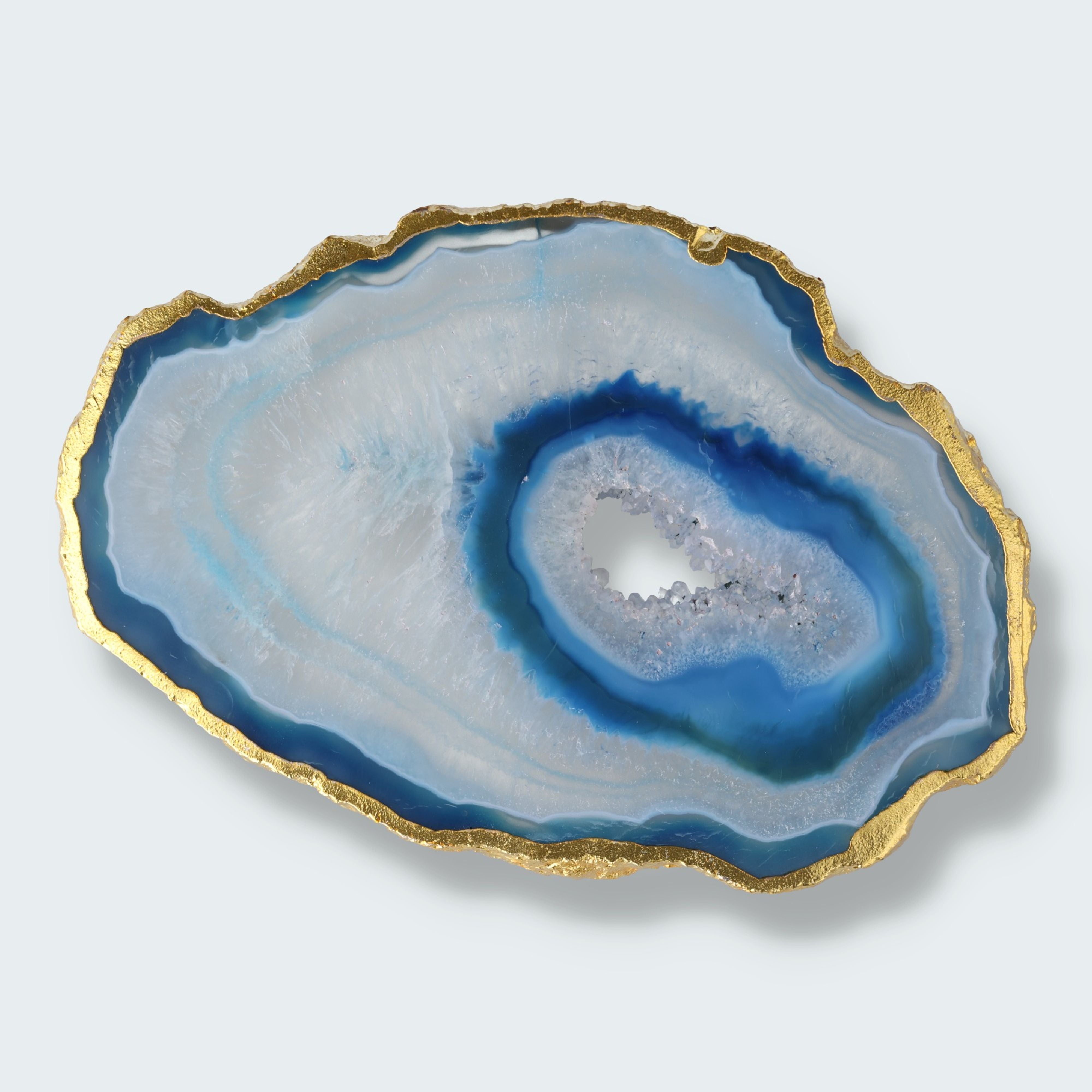 Achatscheibe blau-weiss mit Goldrand und Druzy - ca. 10 cm Durchmesser – Ansicht 2
