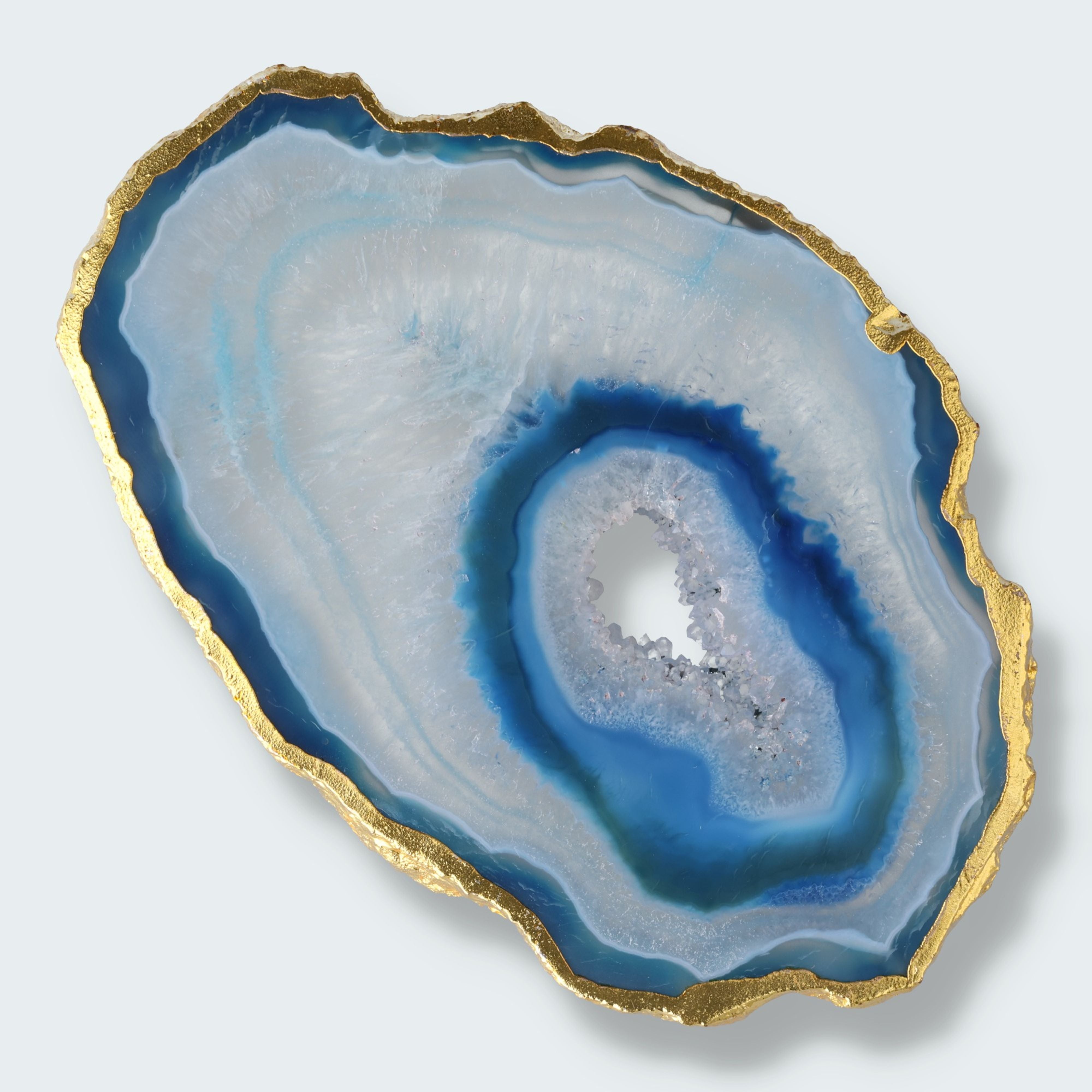 Achatscheibe blau-weiss mit Goldrand und Druzy - ca. 10 cm Durchmesser – Ansicht 3