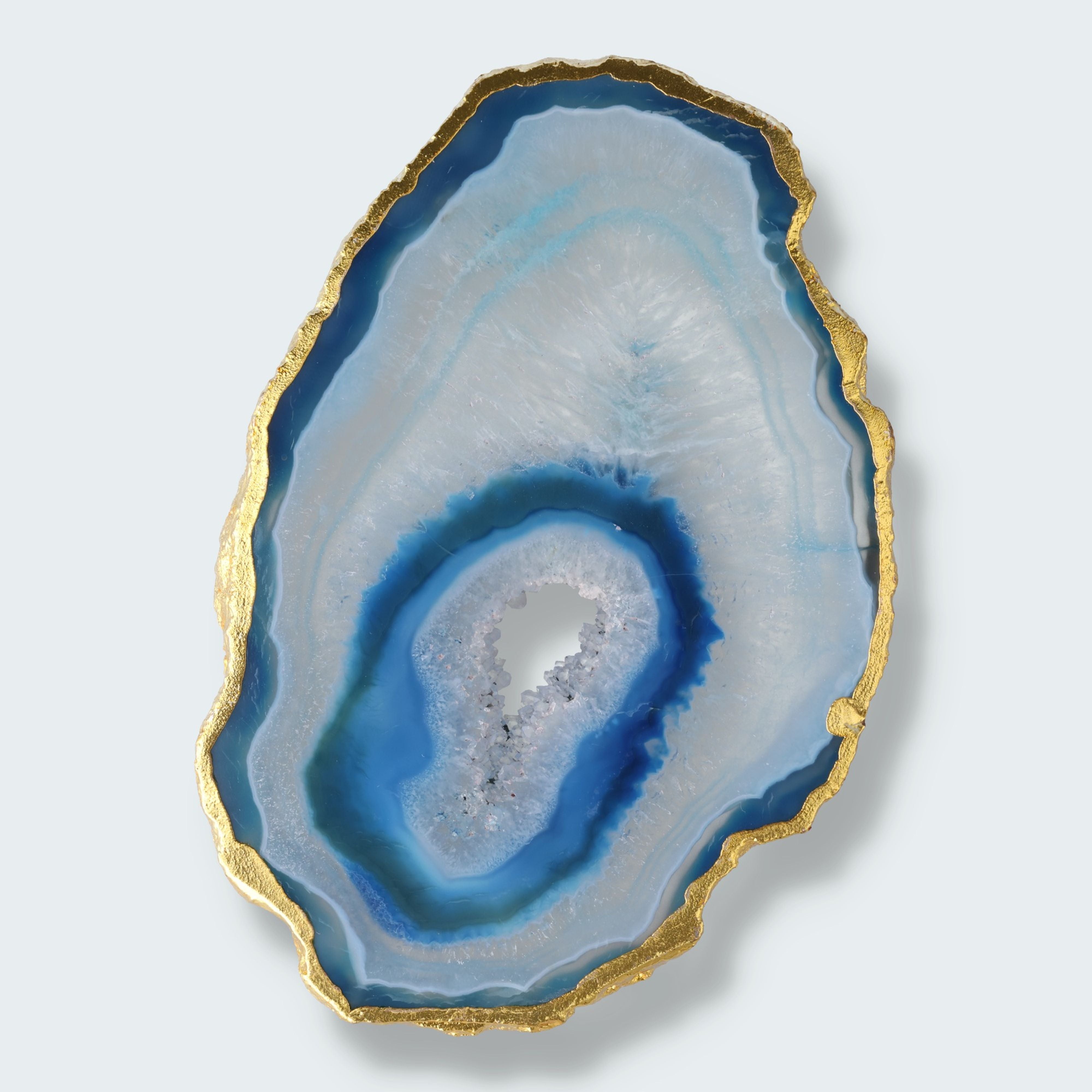 Achatscheibe blau-weiss mit Goldrand und Druzy - ca. 10 cm Durchmesser – Ansicht 4