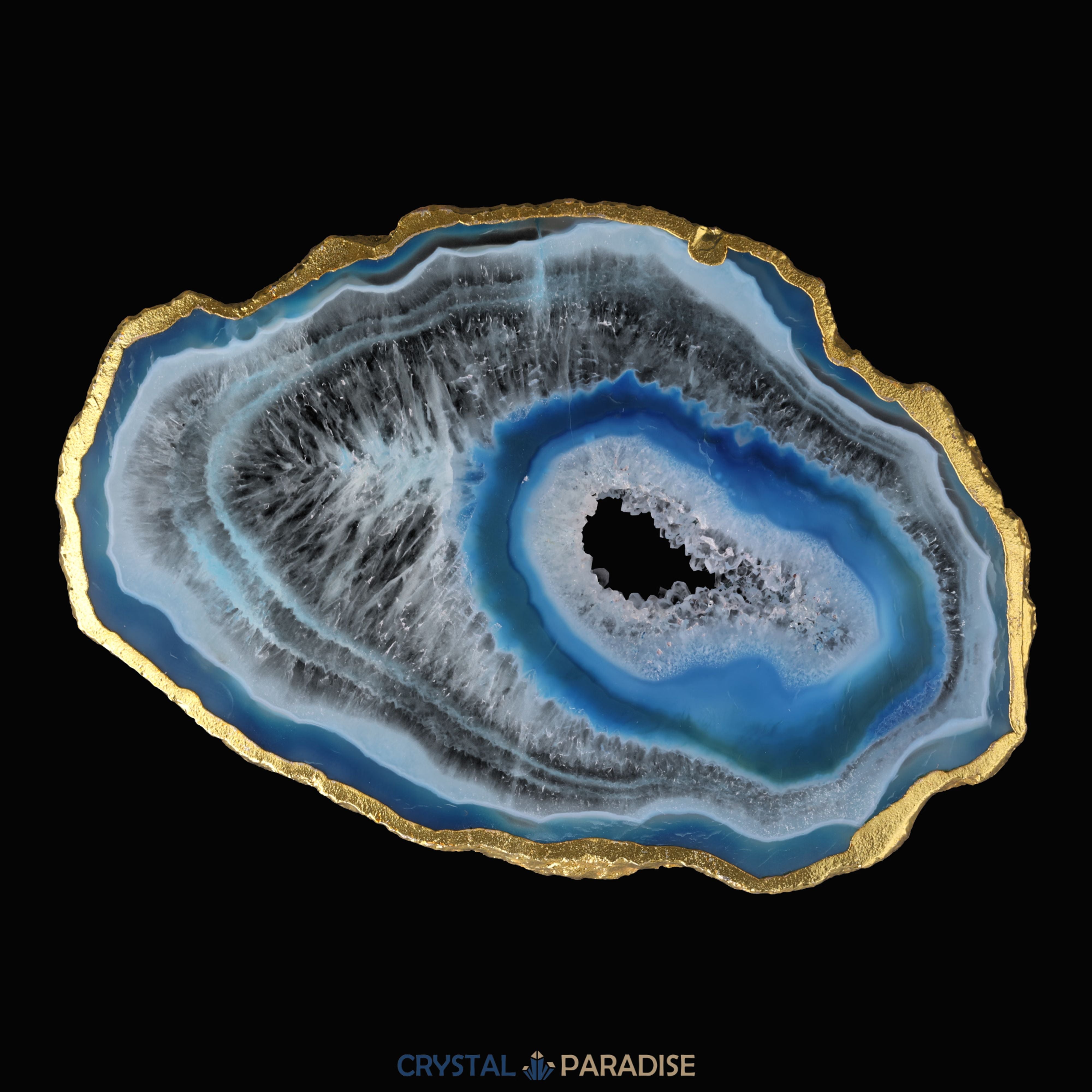 Achatscheibe blau-weiss mit Goldrand und Druzy - ca. 10 cm Durchmesser – Ansicht 5