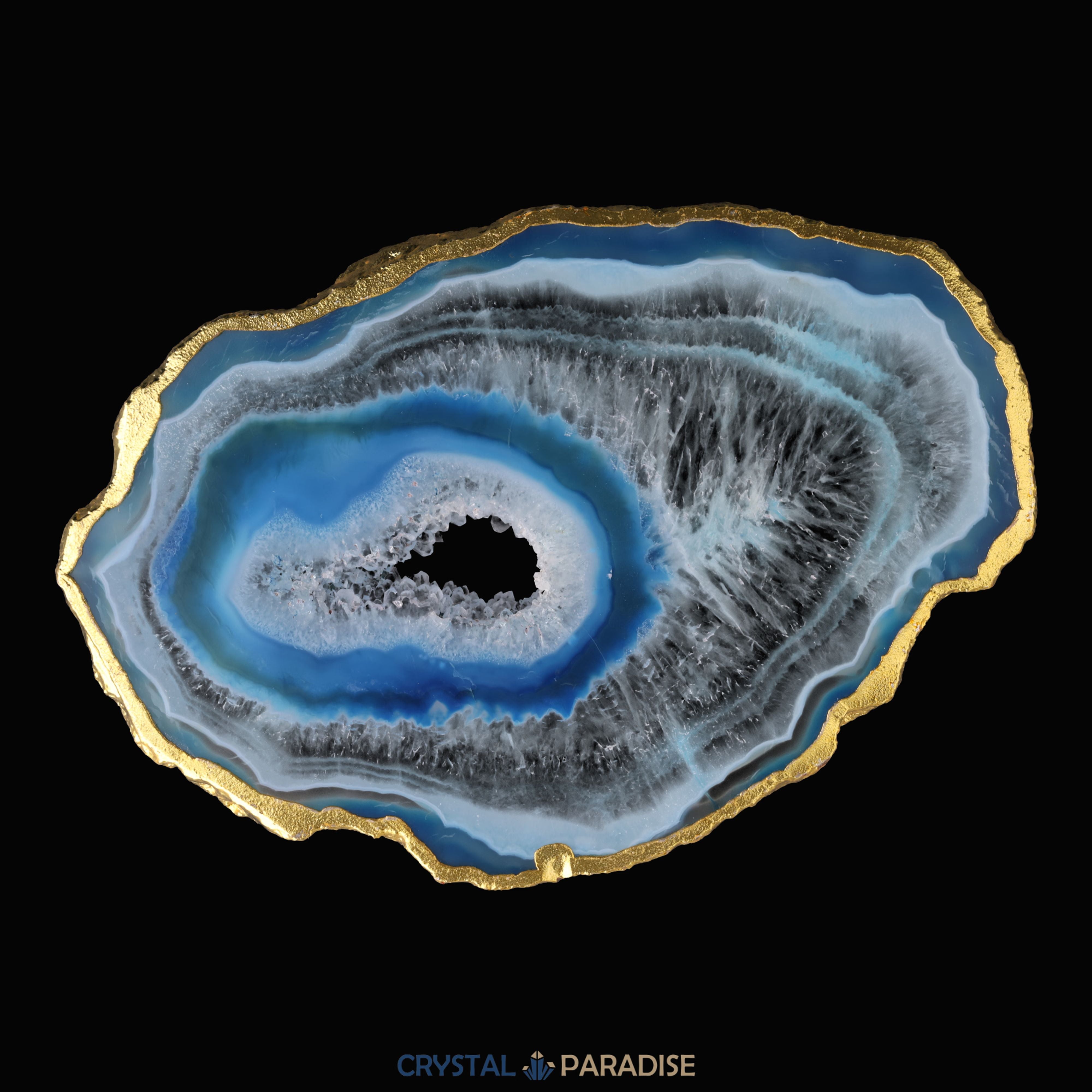 Achatscheibe blau-weiss mit Goldrand und Druzy - ca. 10 cm Durchmesser – Ansicht 8