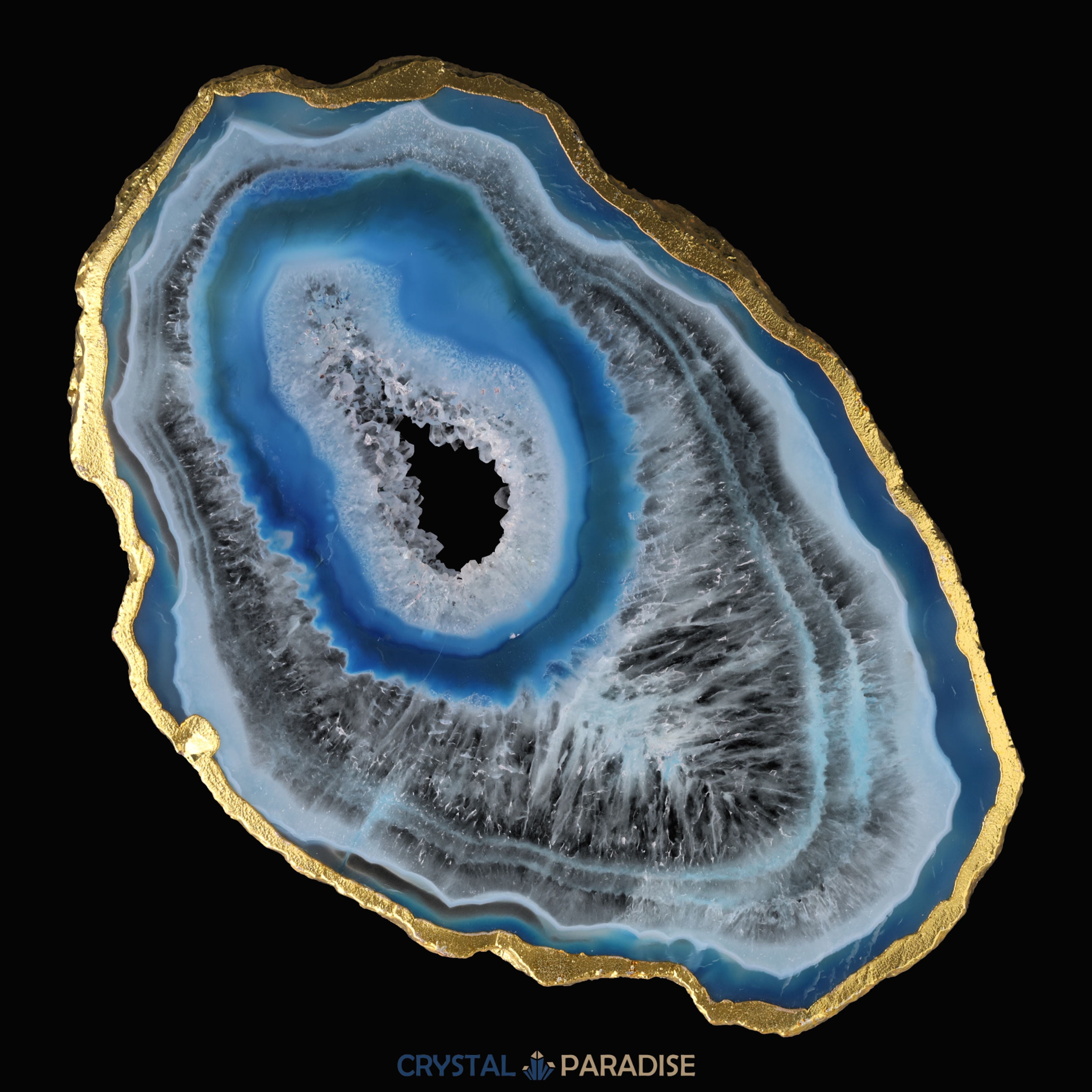 Achatscheibe blau-weiss mit Goldrand und Druzy - ca. 10 cm Durchmesser – Ansicht 9