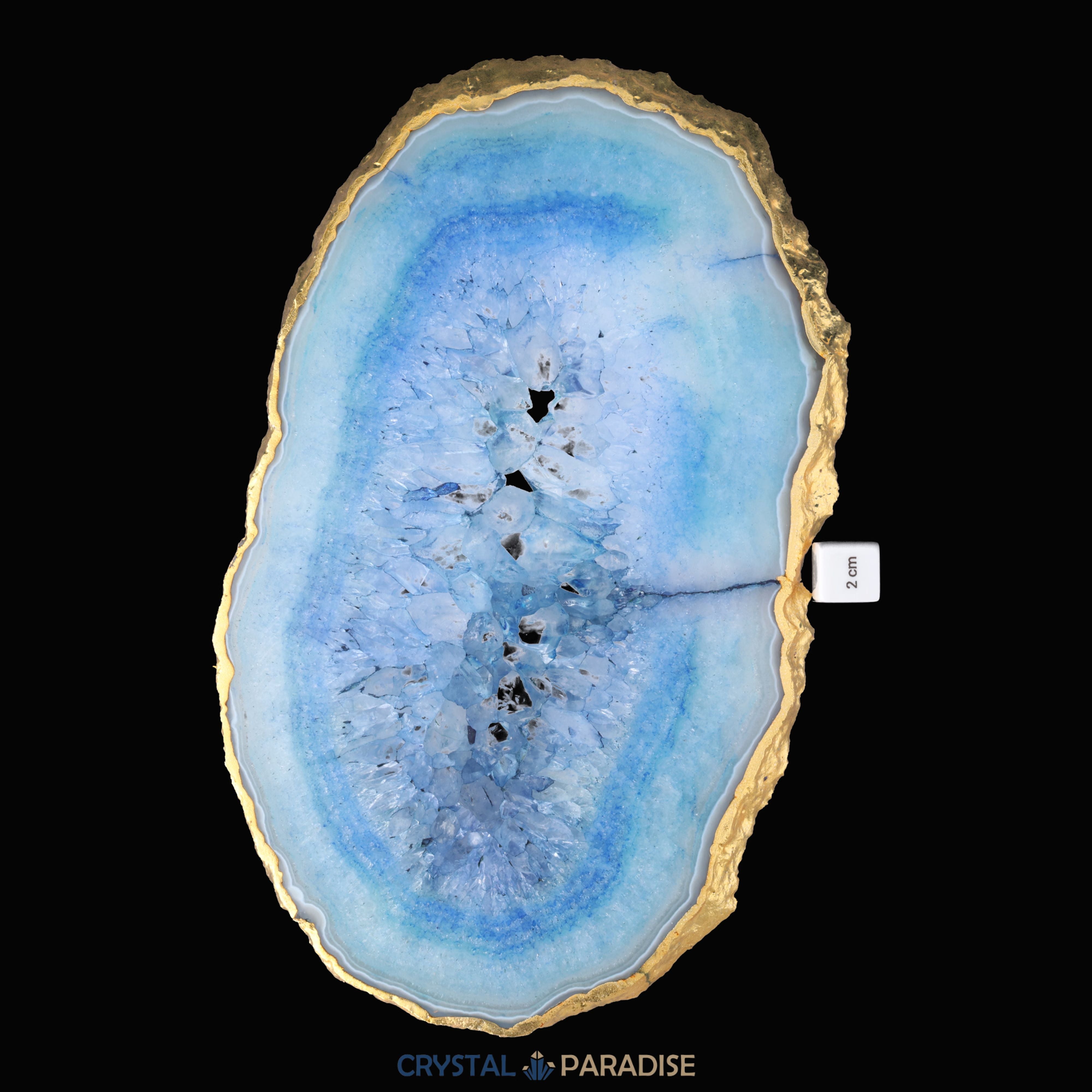 Achatscheibe blau-weiss mit Goldrand und Druzy - ca. 32 cm Durchmesser (1514g) – Ansicht 10