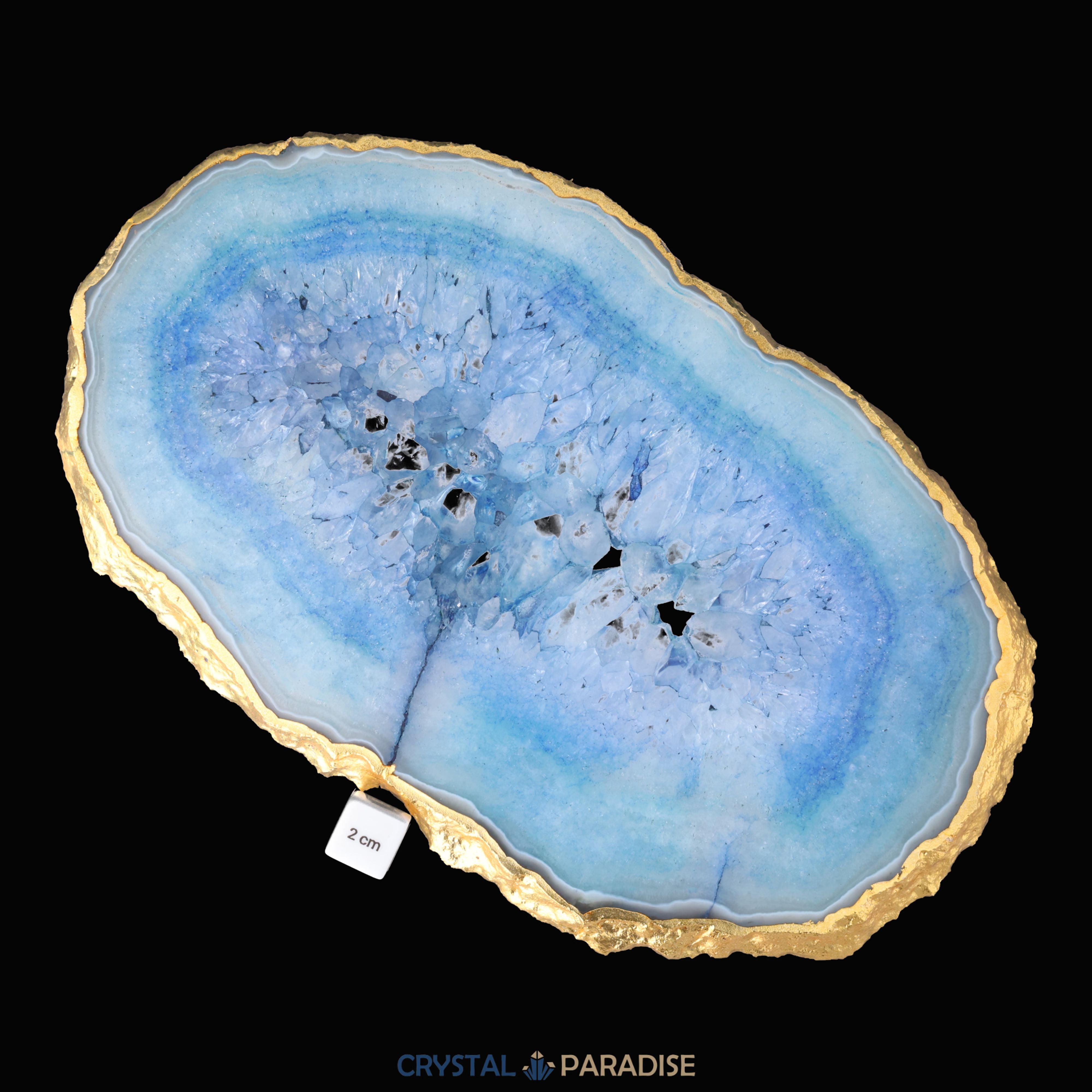 Achatscheibe blau-weiss mit Goldrand und Druzy - ca. 32 cm Durchmesser (1514g) – Ansicht 6