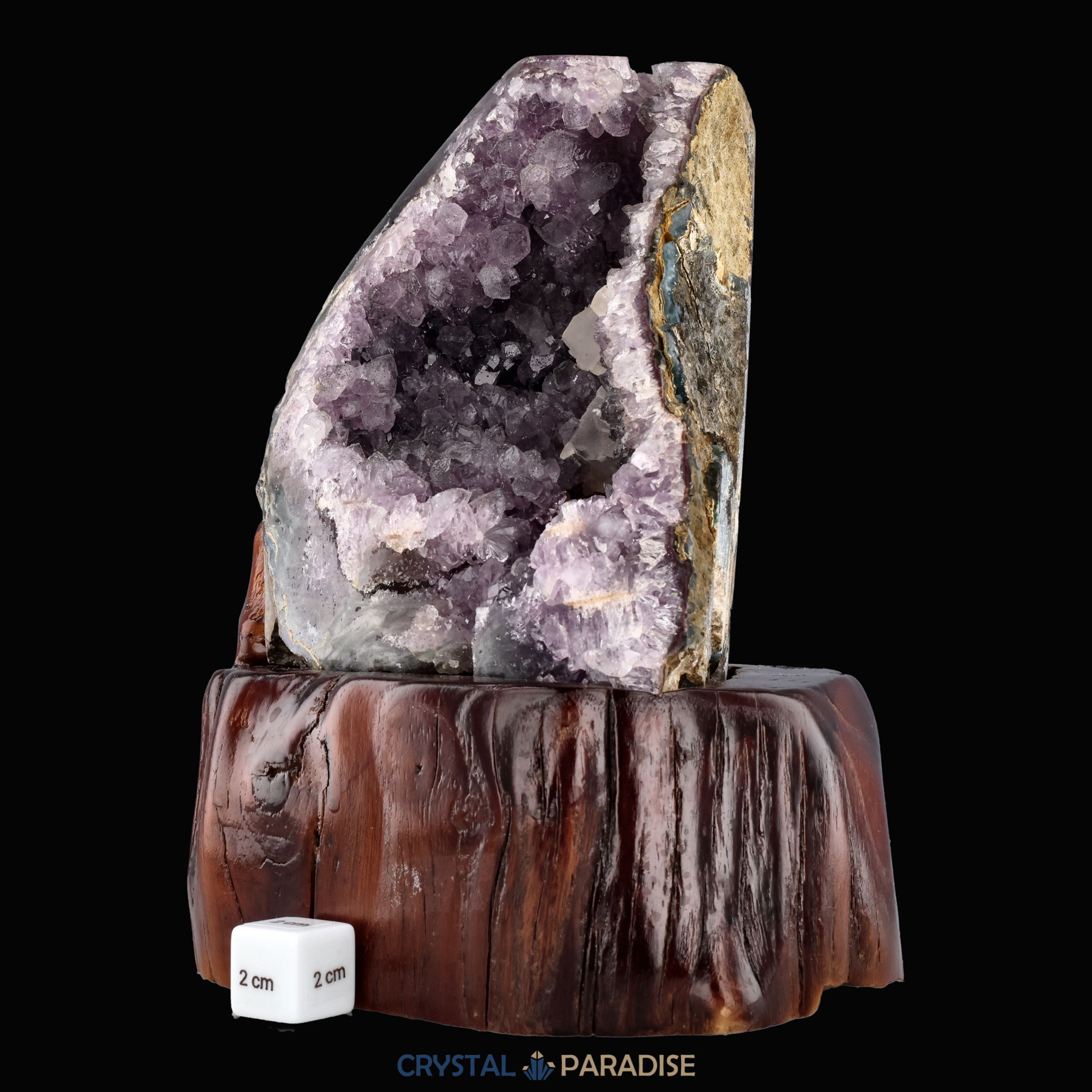 Amethyst Druse mit Calcit auf Holzständer (2531g) – Ansicht 6
