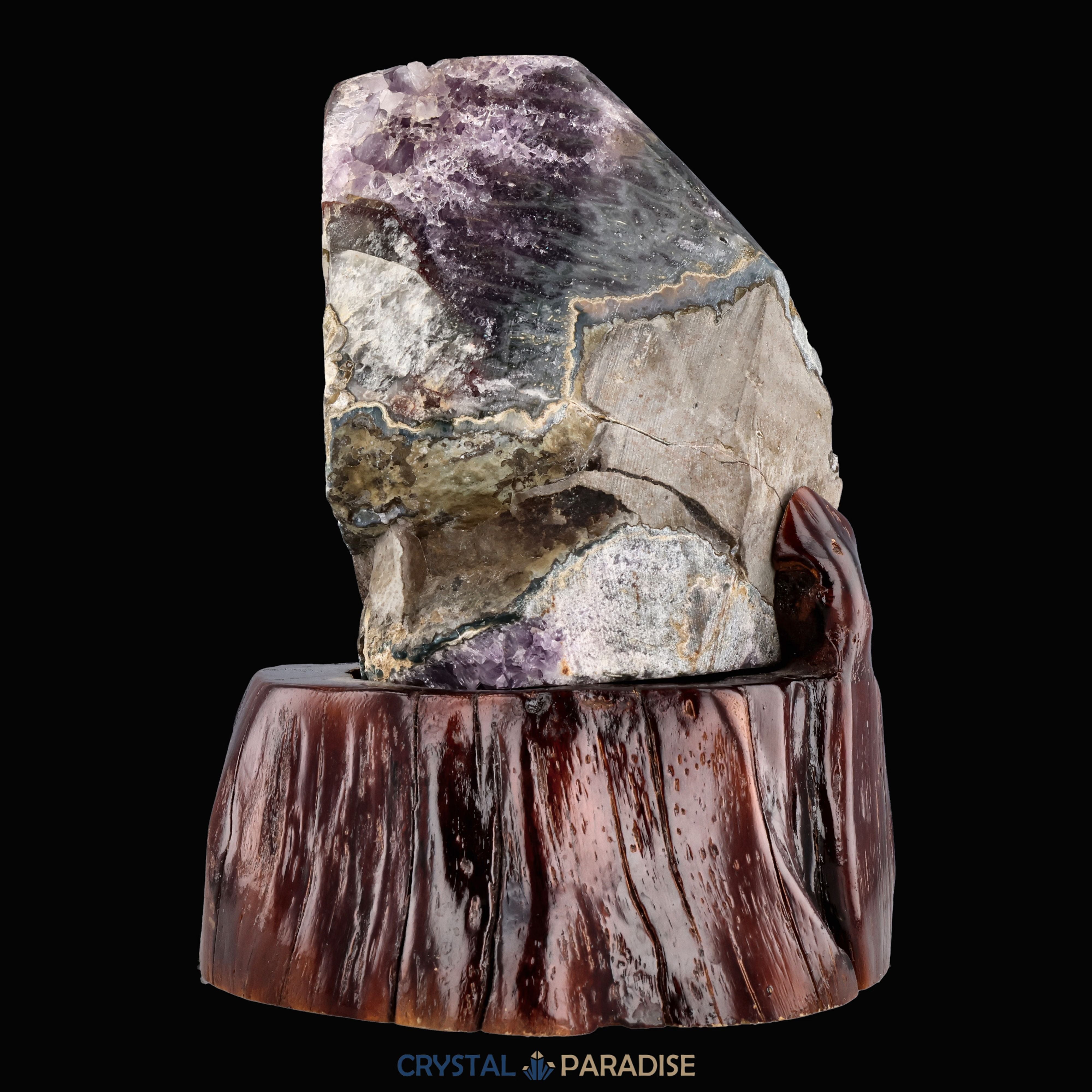 Amethyst Druse mit Calcit auf Holzständer (2531g) – Ansicht 9