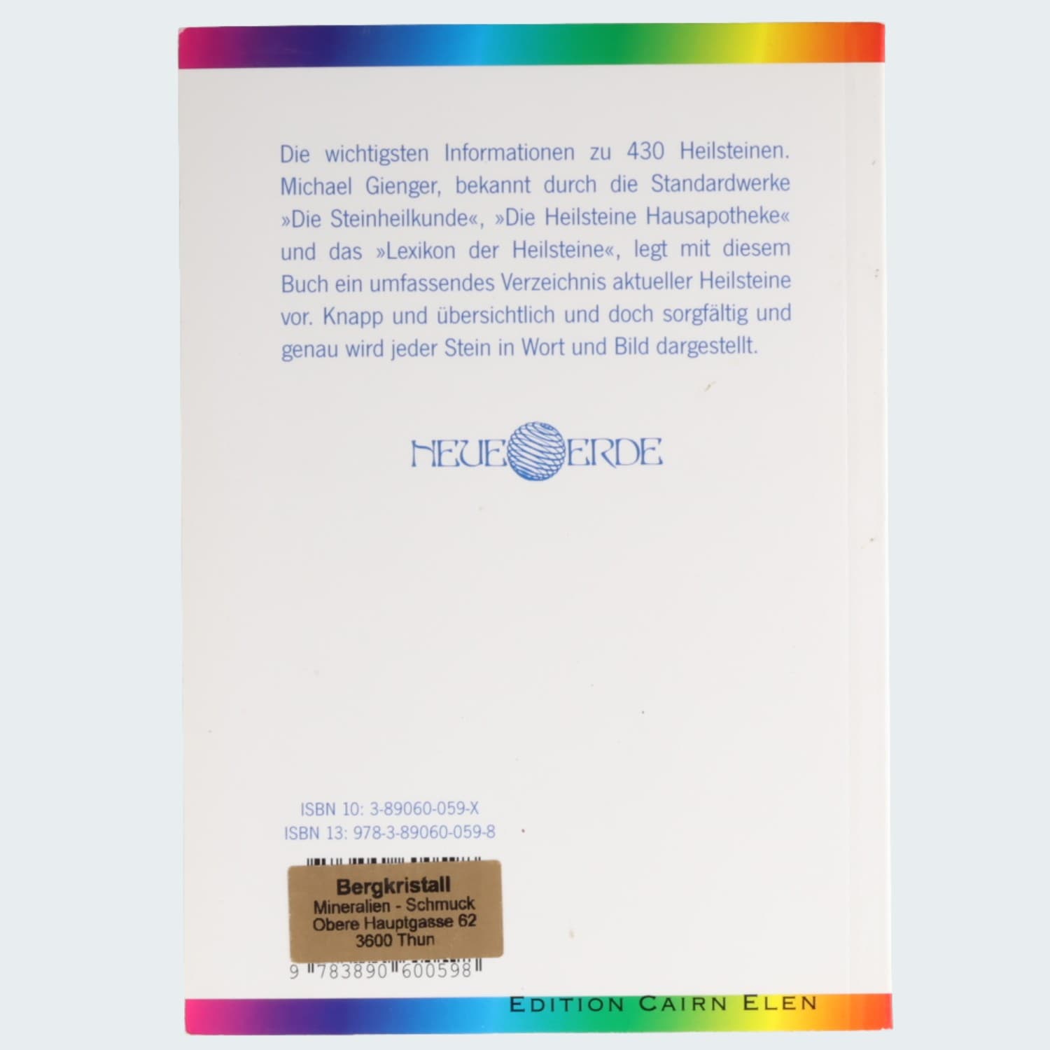 Heilsteine – 430 Steine von A–Z – Rückseite mit Neue-Erde-Logo, ISBN und Händleraufkleber