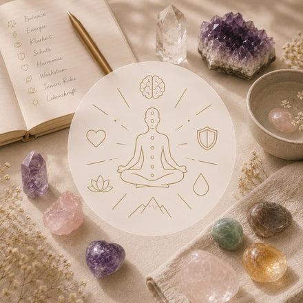 Heilsteine um eine Meditationsfigur mit Symbolen für Balance, Energie und Klarheit