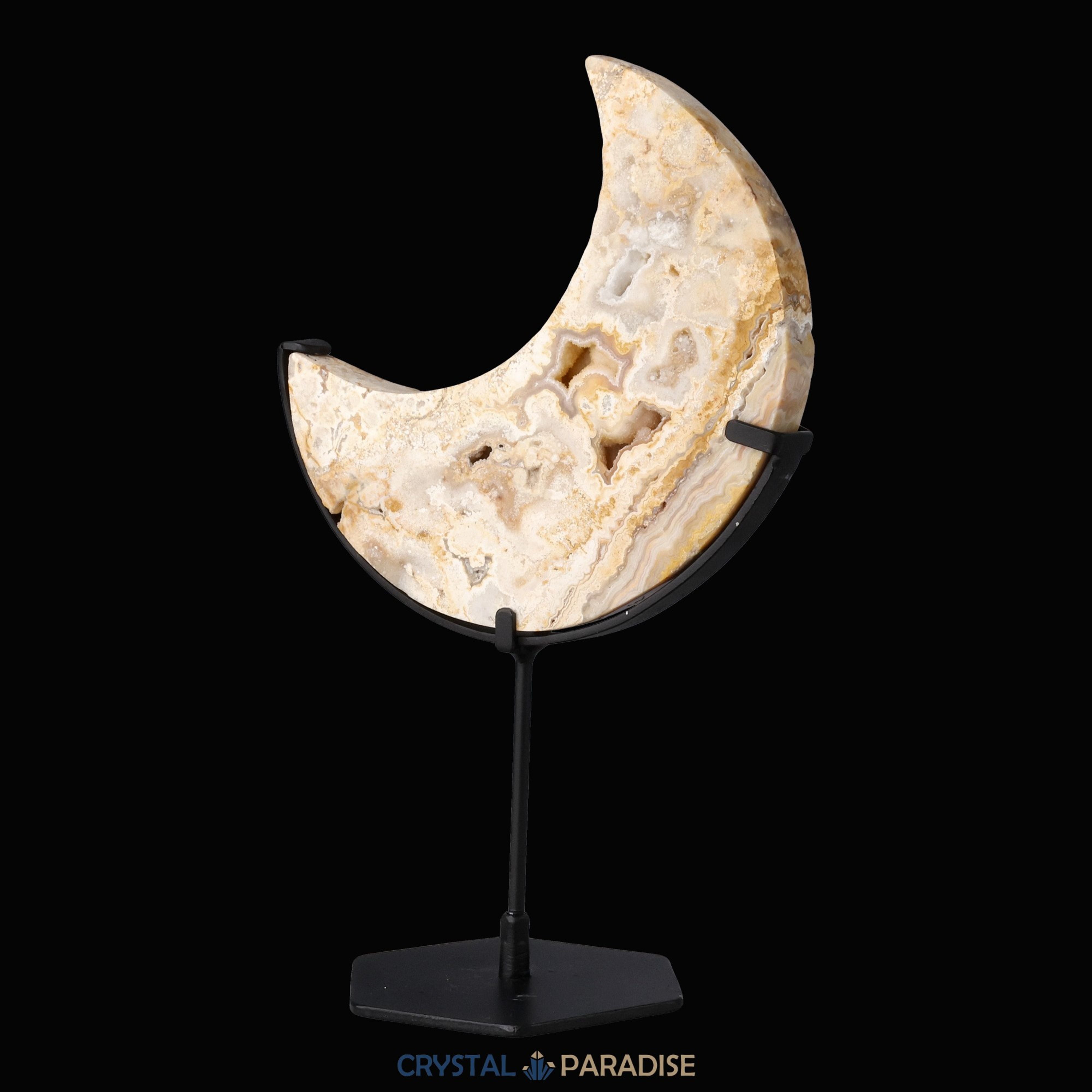 Mond auf schwarzem Standfuss aus mattem Golden Crazy Laze Achat – Ansicht 5