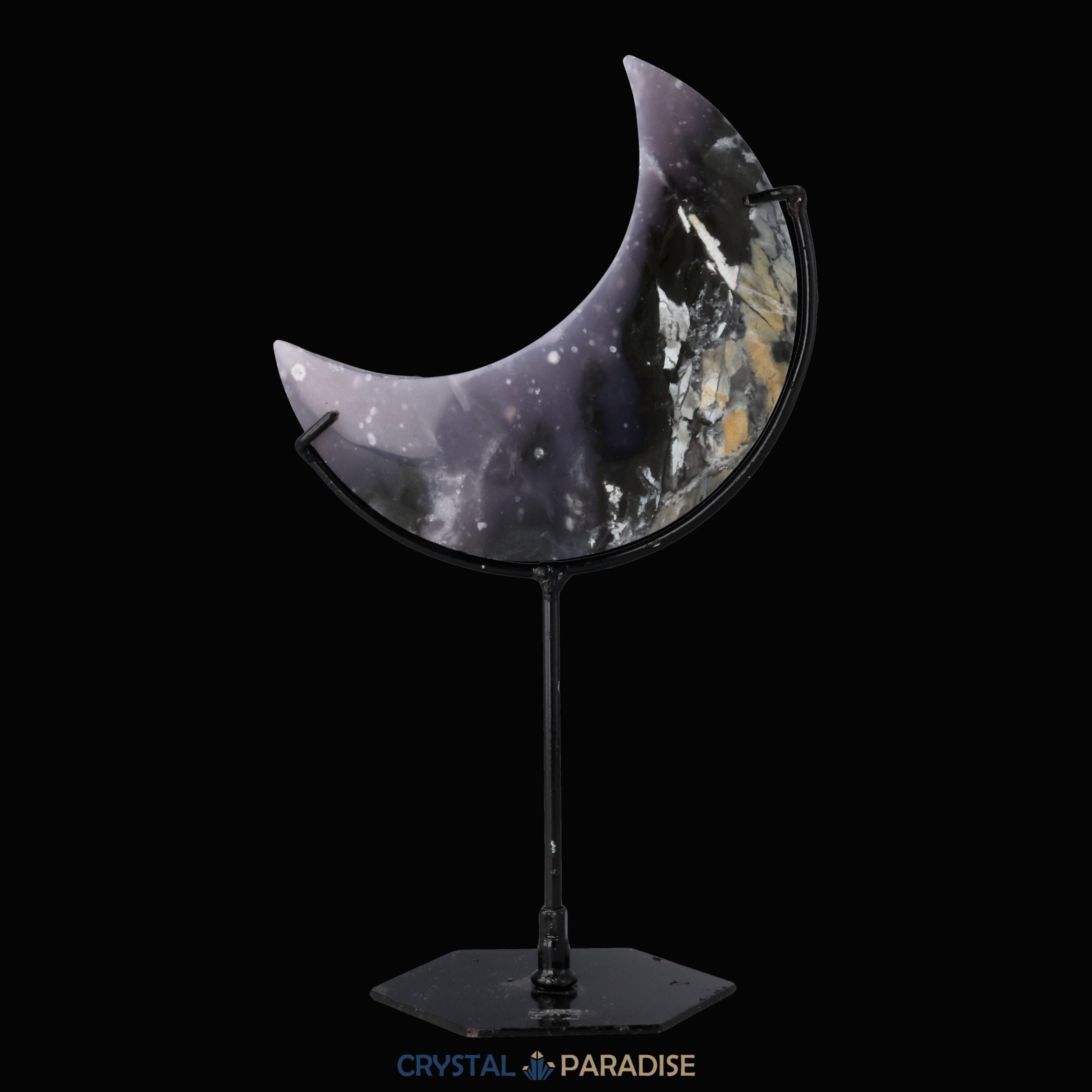 Mond auf schwarzem Standfuss aus poliertem Pink Plume Achat – Ansicht 4