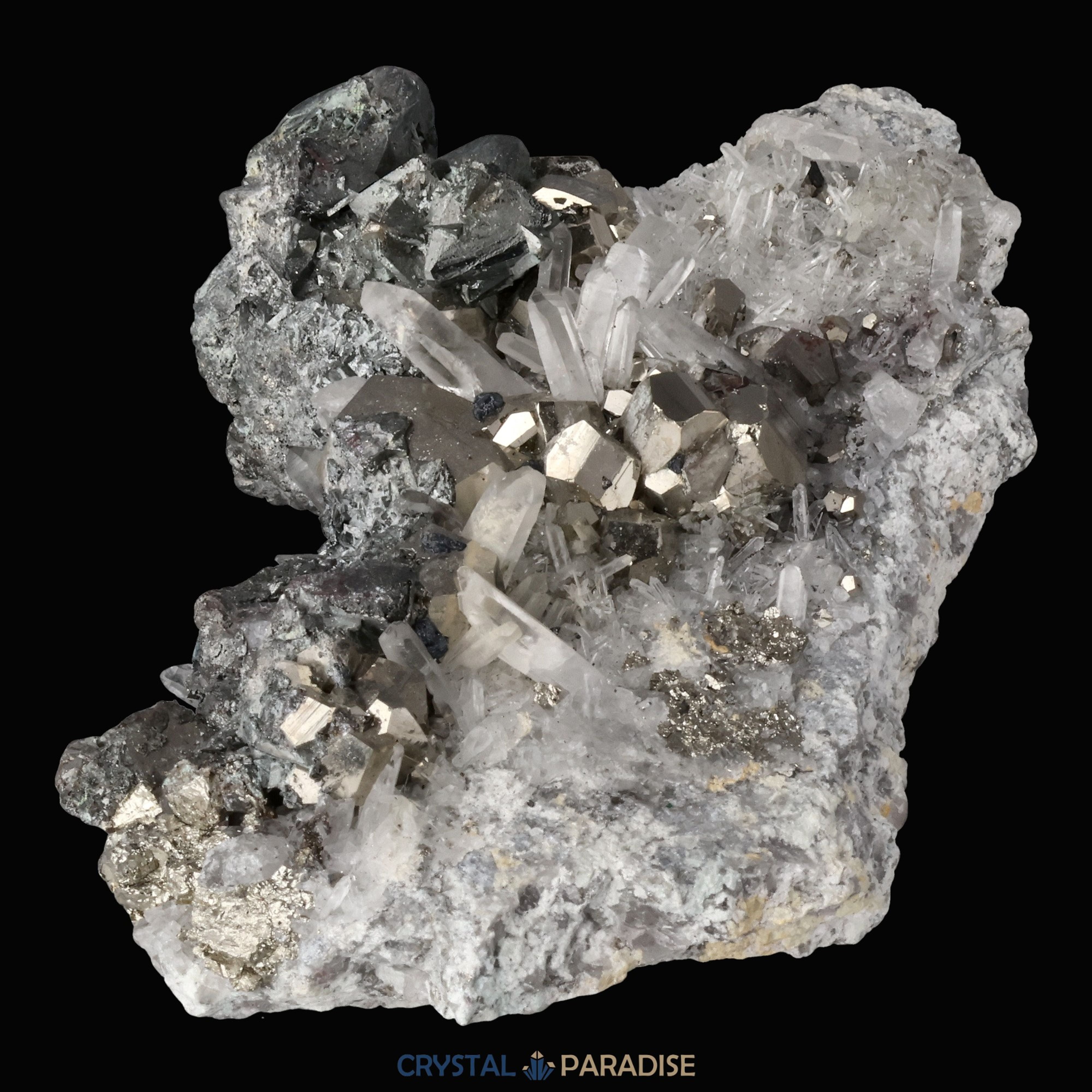 Pyrit an Bergkristall aus Indonesien (1082g) – Ansicht 6