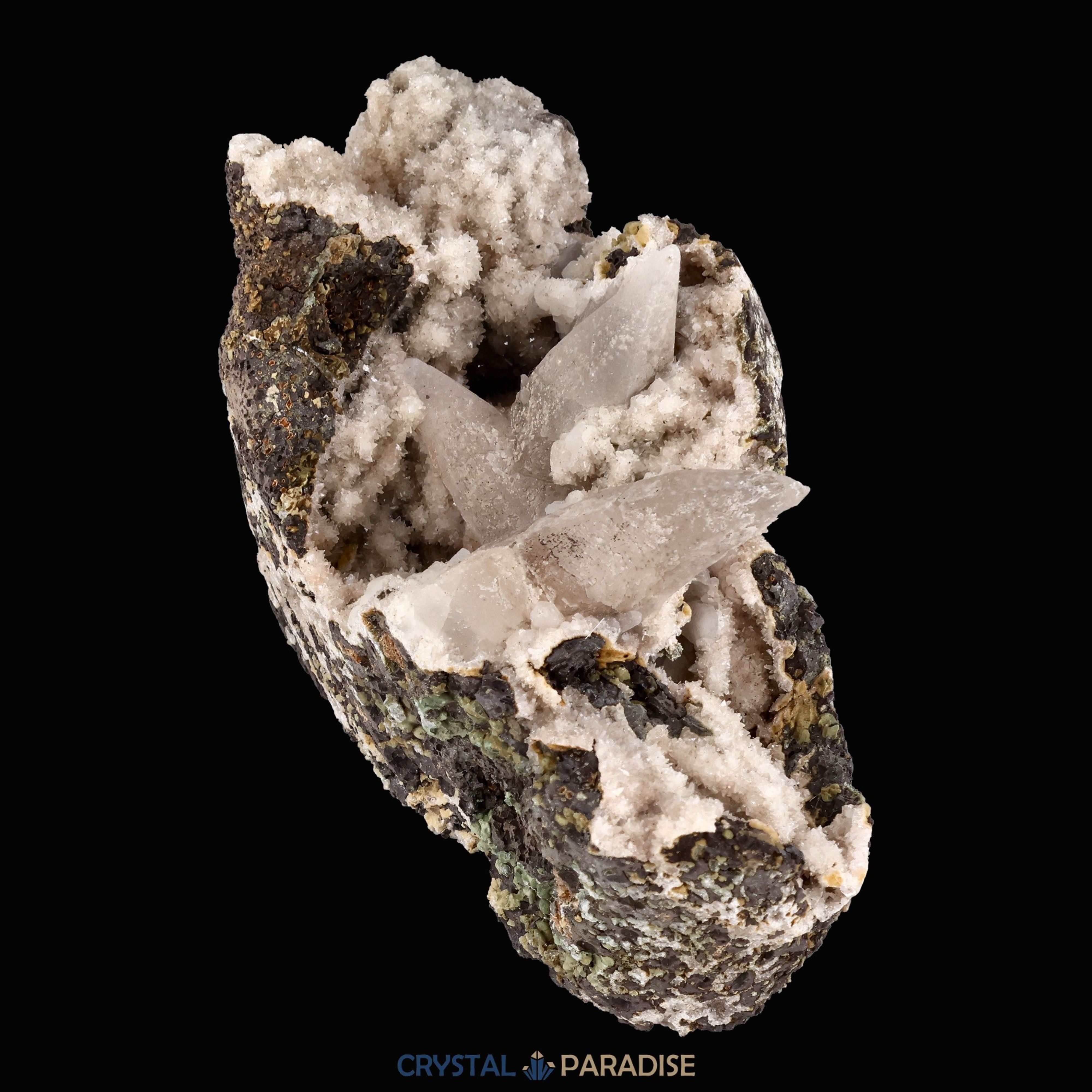 Quarz Handstufe mit Calcit, Spuren von Prehnit aus Hubei, China (317g) – Ansicht 6