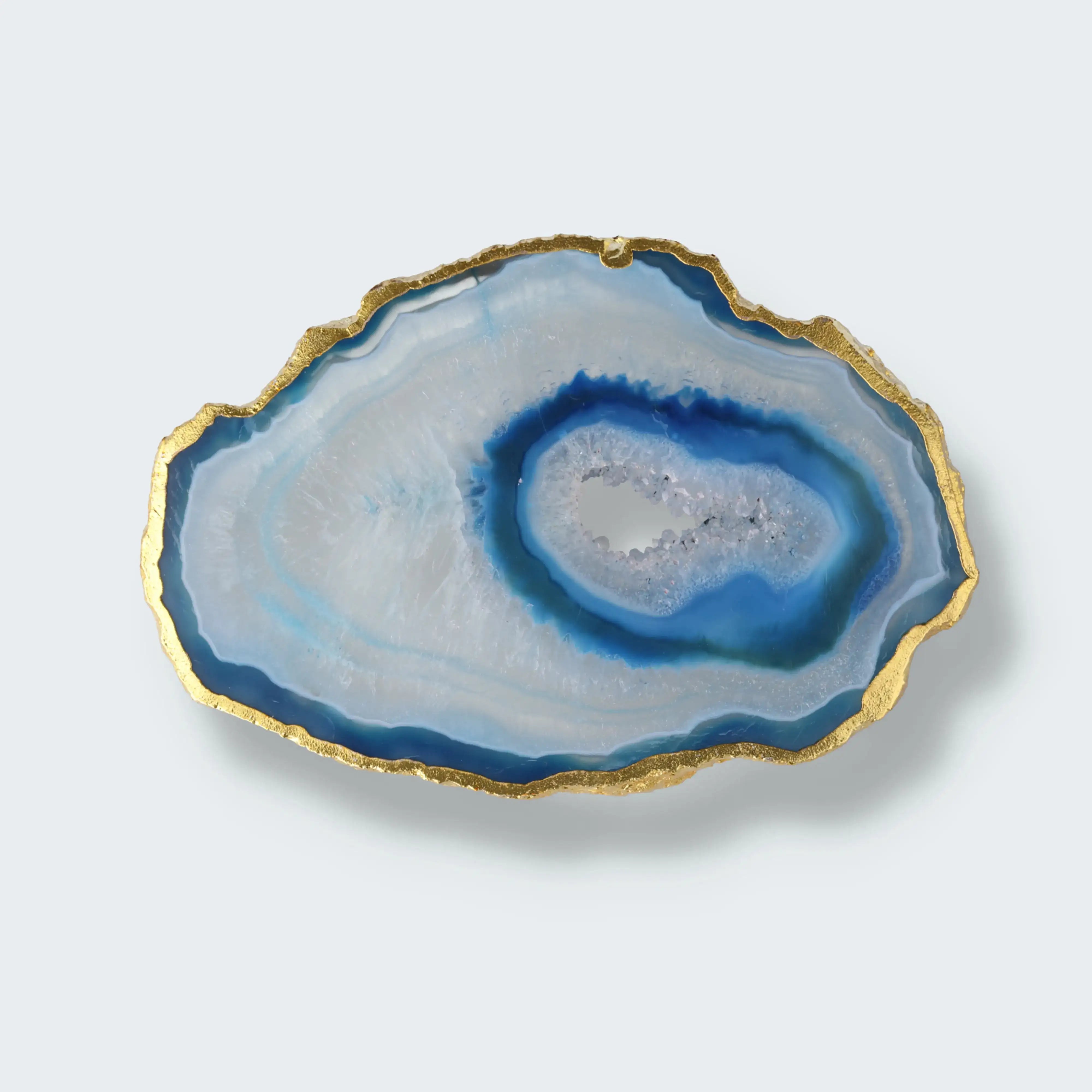 Achatscheibe blau-weiss mit Goldrand und Druzy - ca. 10 cm Durchmesser