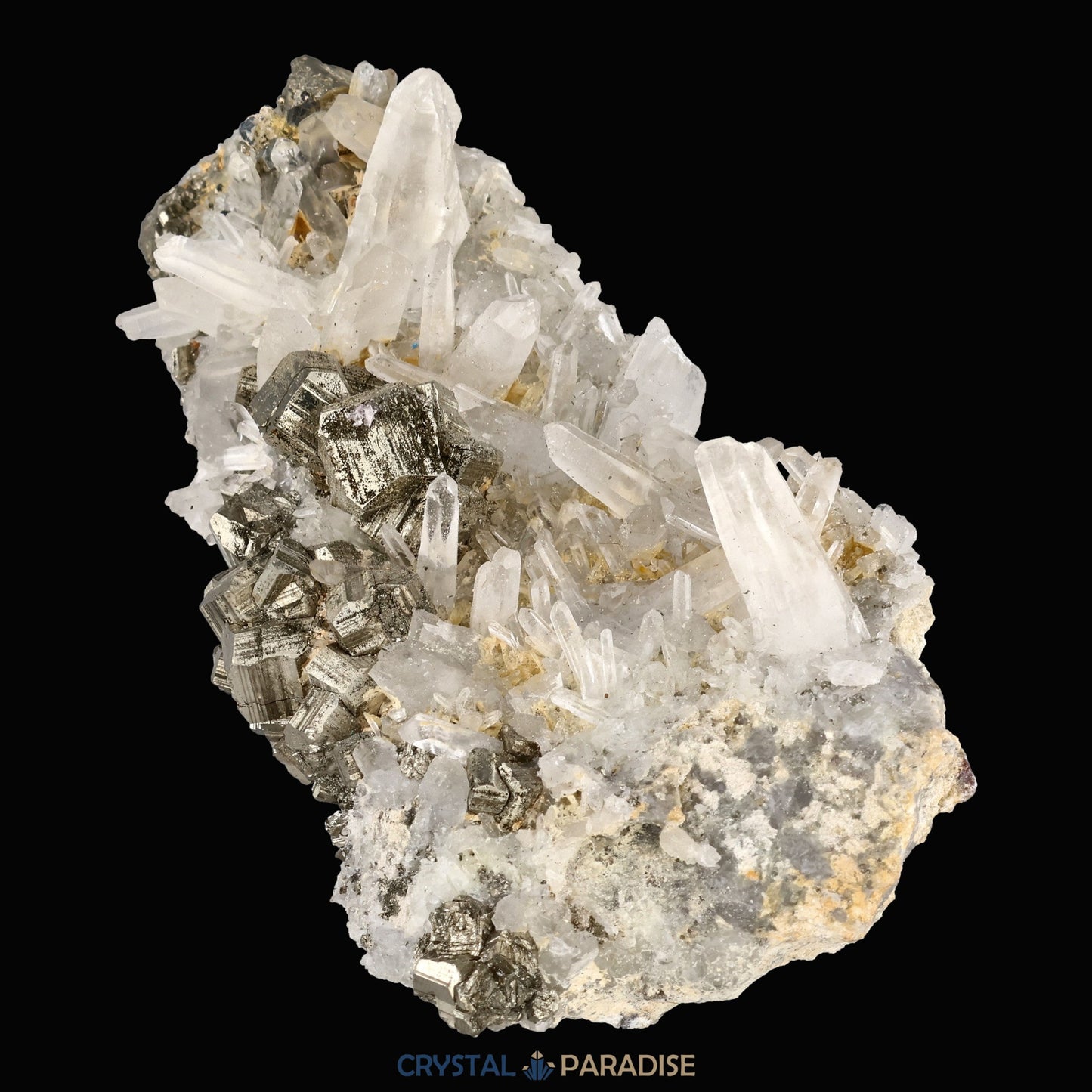Pyrit an Bergkristall aus Indonesien (372g) - Handstufe - Schöne große Kristalle - crystal paradise