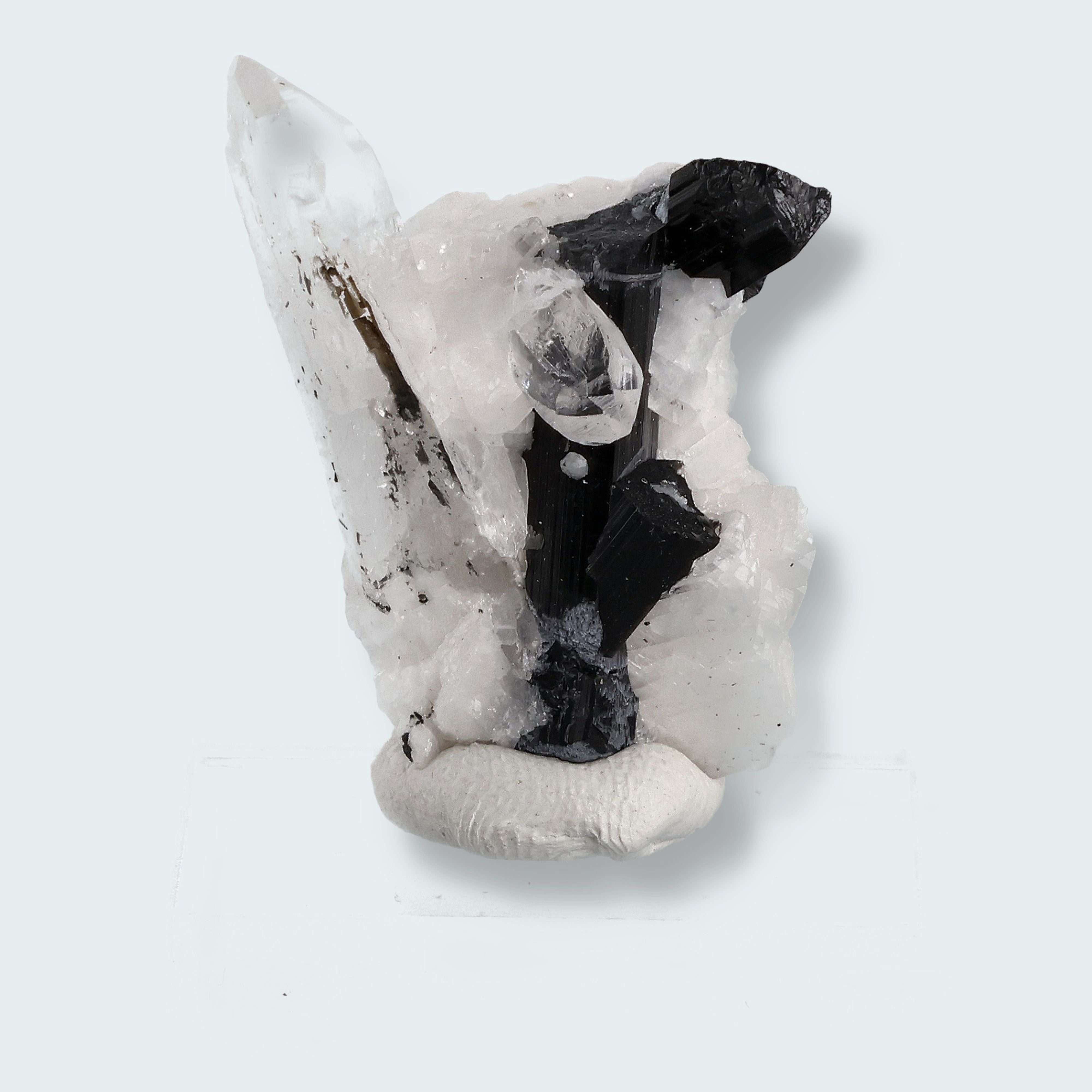 Schwarzer Schörl Turmalin an Himalaya Bergkristall (11g)