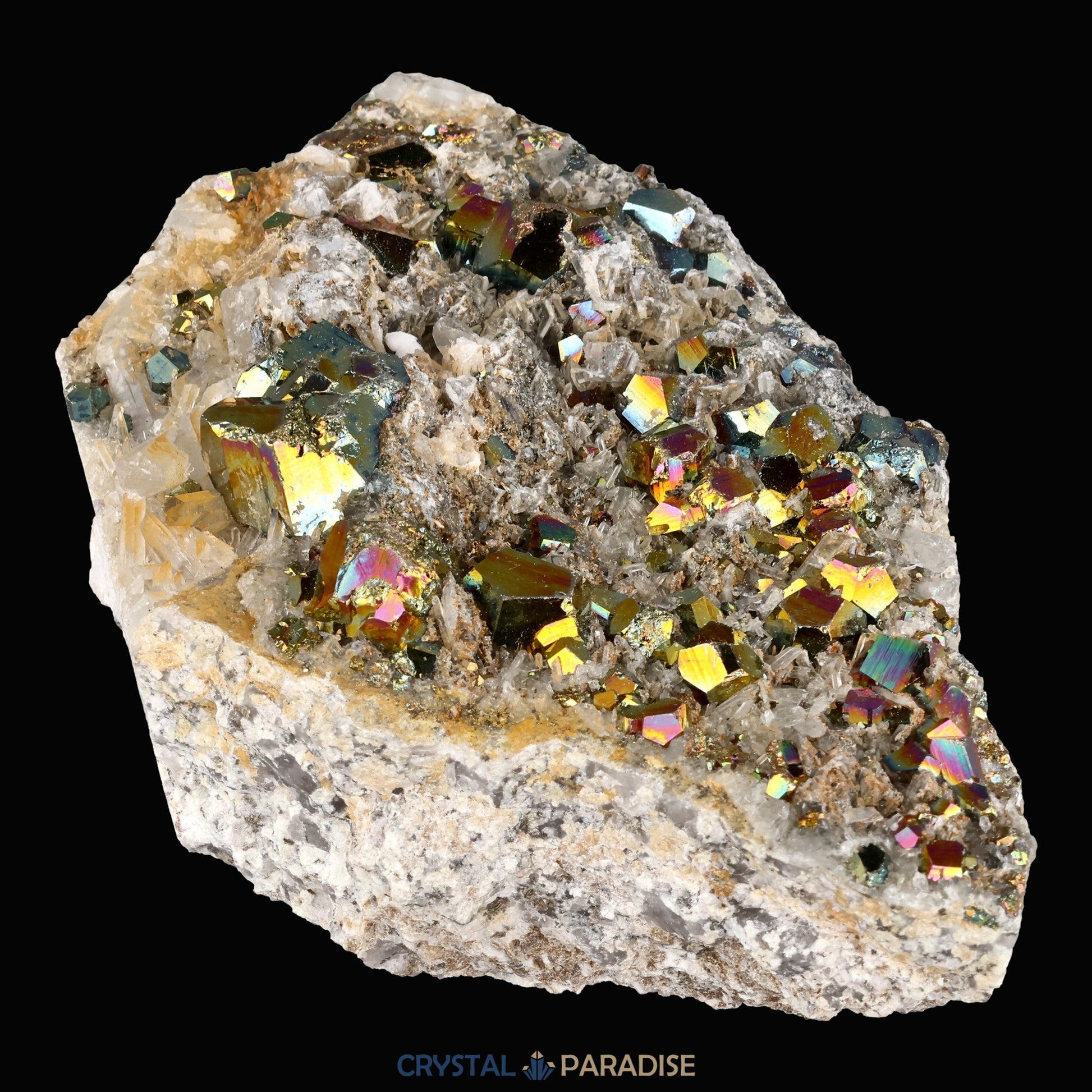 Regenbogen Pyrit an Bergkristall aus Indonesien (638g) - crystal paradise