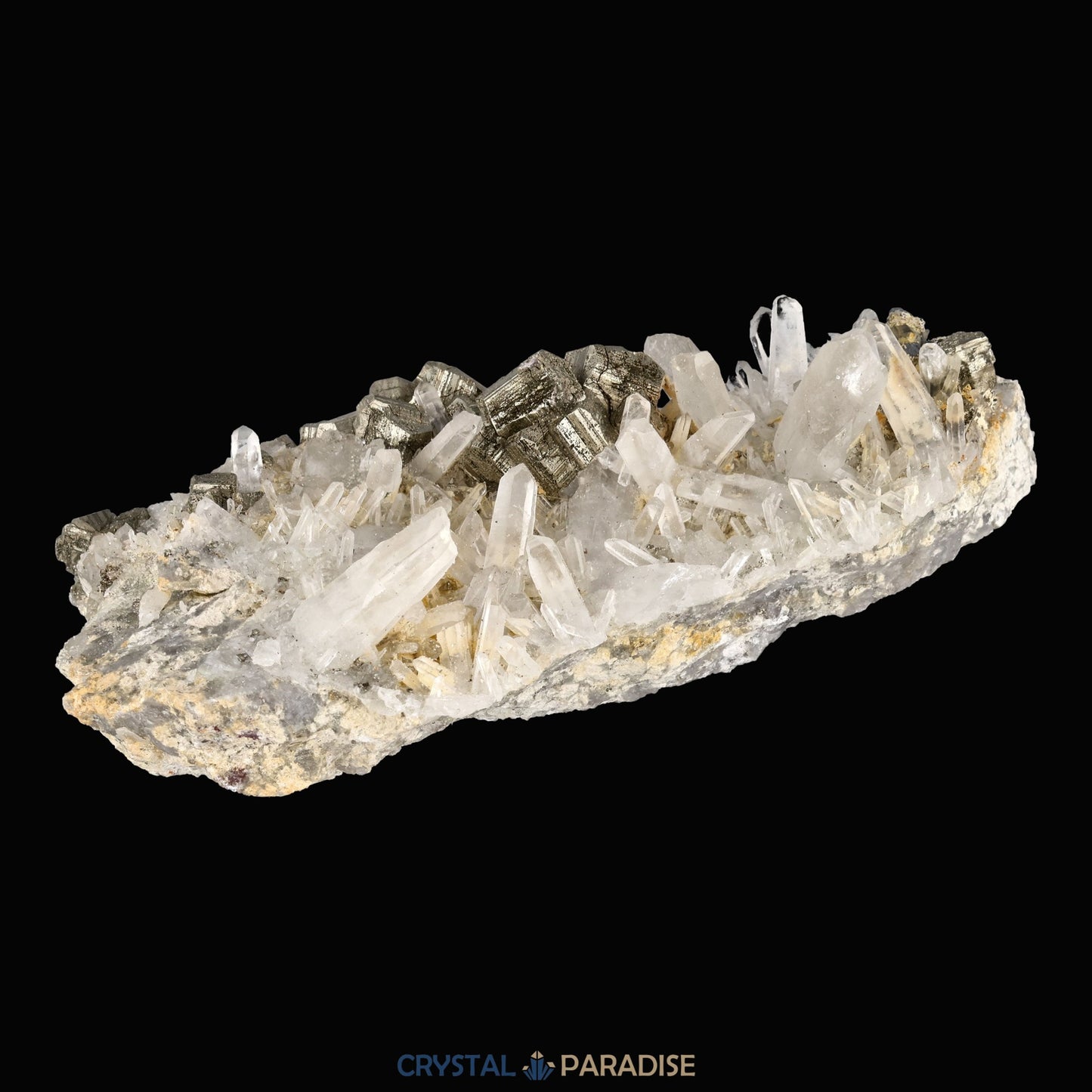 Pyrit an Bergkristall aus Indonesien (372g) - Handstufe - Schöne große Kristalle - crystal paradise