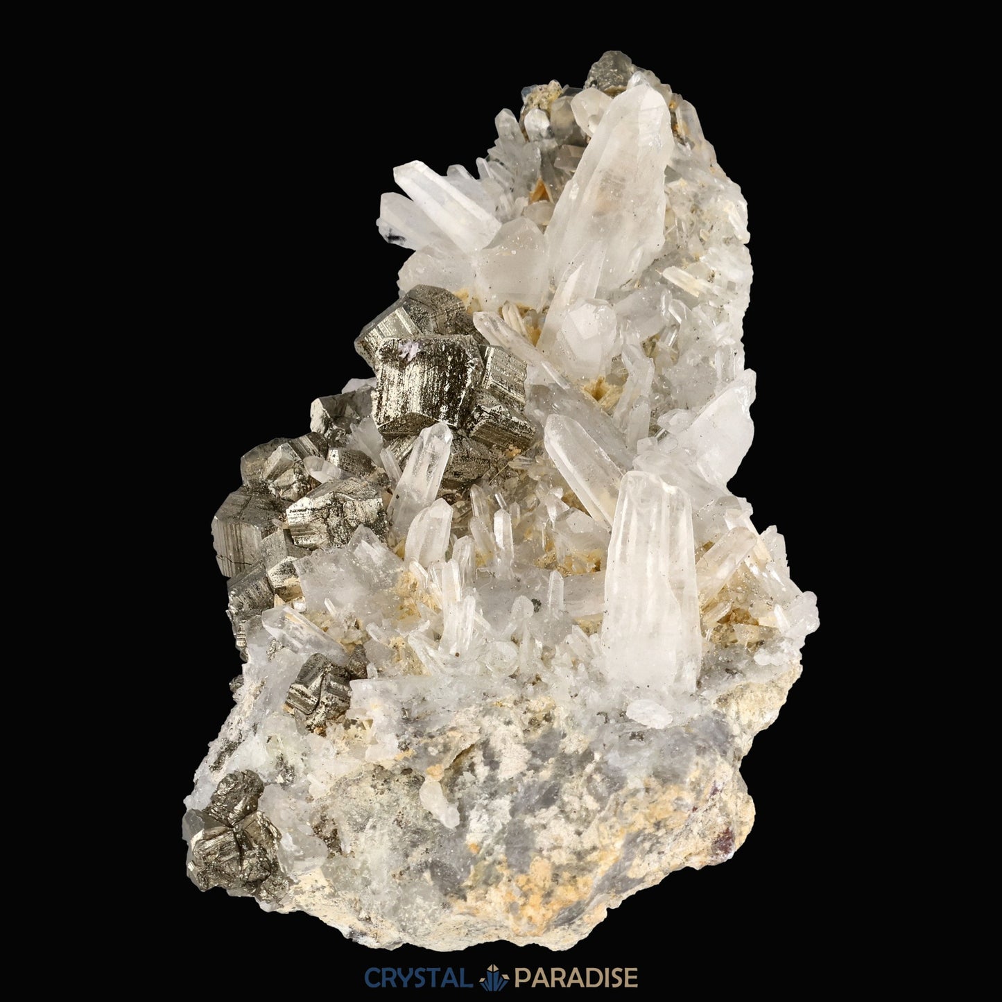 Pyrit an Bergkristall aus Indonesien (372g) - Handstufe - Schöne große Kristalle - crystal paradise