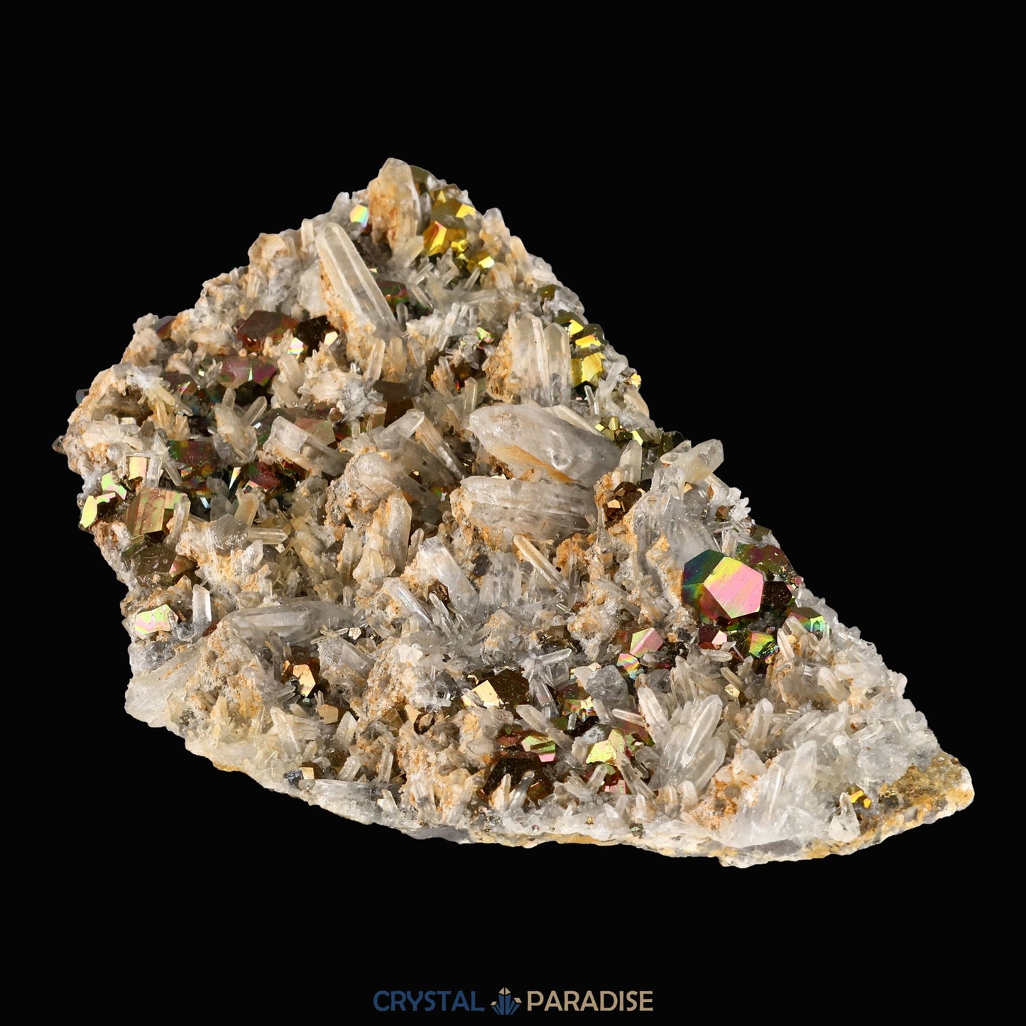 Regenbogen Pyrit an Bergkristall aus Indonesien (150g) - crystal paradise