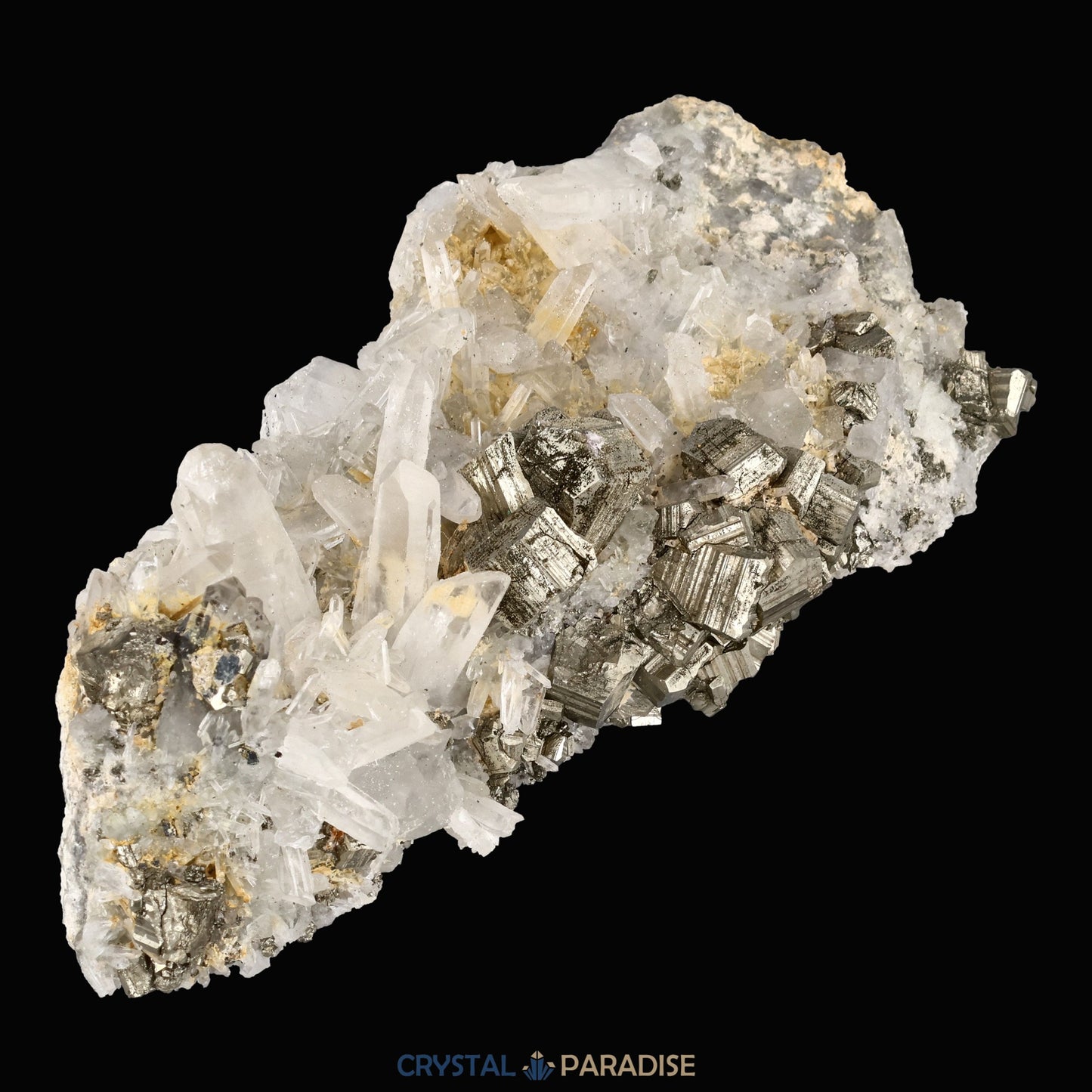 Pyrit an Bergkristall aus Indonesien (372g) - Handstufe - Schöne große Kristalle - crystal paradise