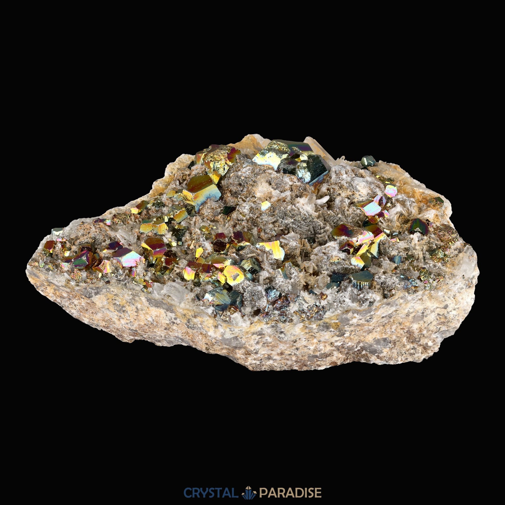 Regenbogen Pyrit an Bergkristall aus Indonesien (638g) - crystal paradise