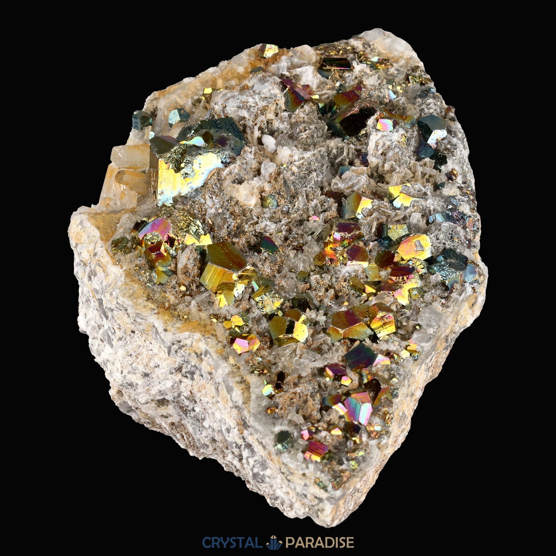 Regenbogen Pyrit an Bergkristall aus Indonesien (638g) - crystal paradise